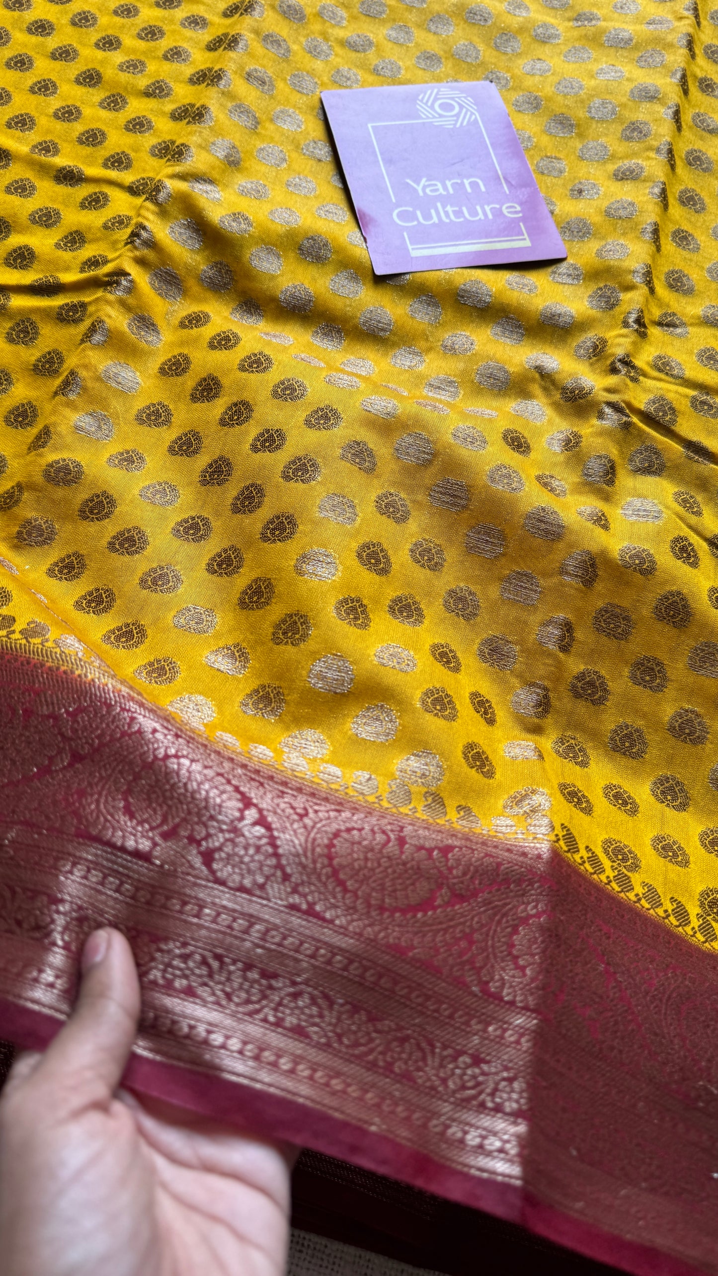 Ujjwala - Yellow antique gold with contrast maroon border & pallu, Banarasi semi georgette