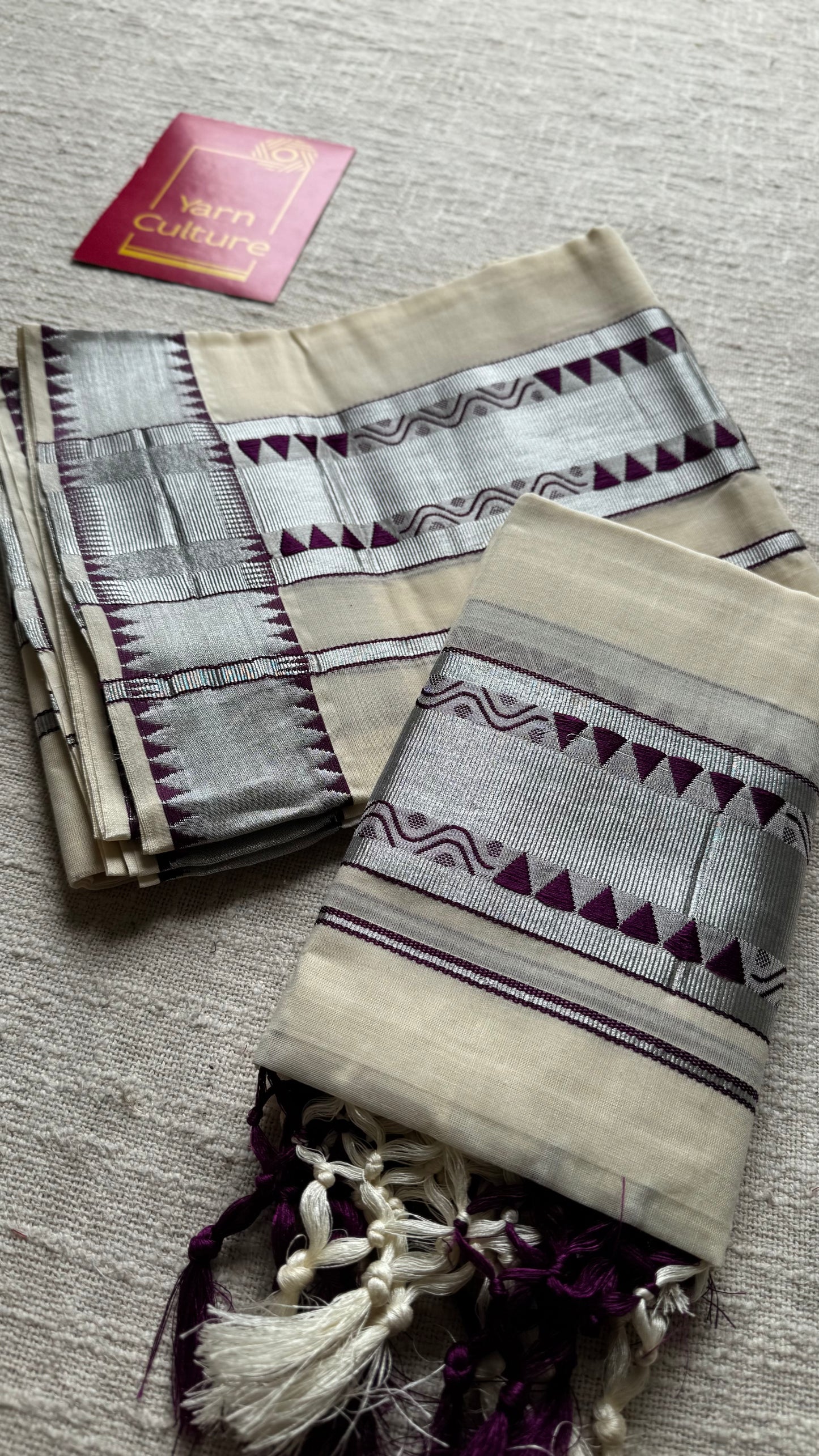 Set mund with temple border, purple with ivory and silver zari - YCON25KCST13