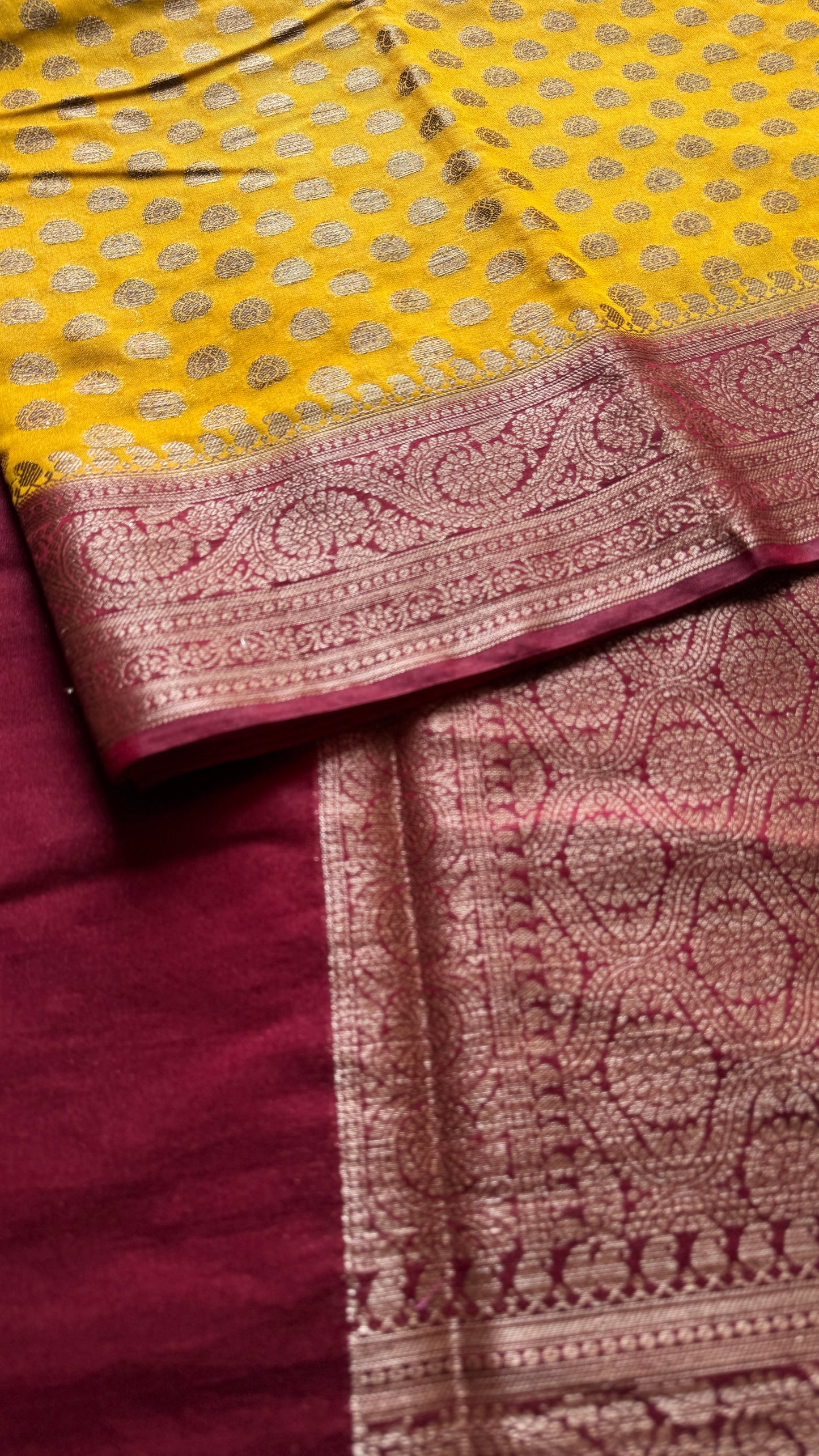 Ujjwala - Yellow antique gold with contrast maroon border & pallu, Banarasi semi georgette