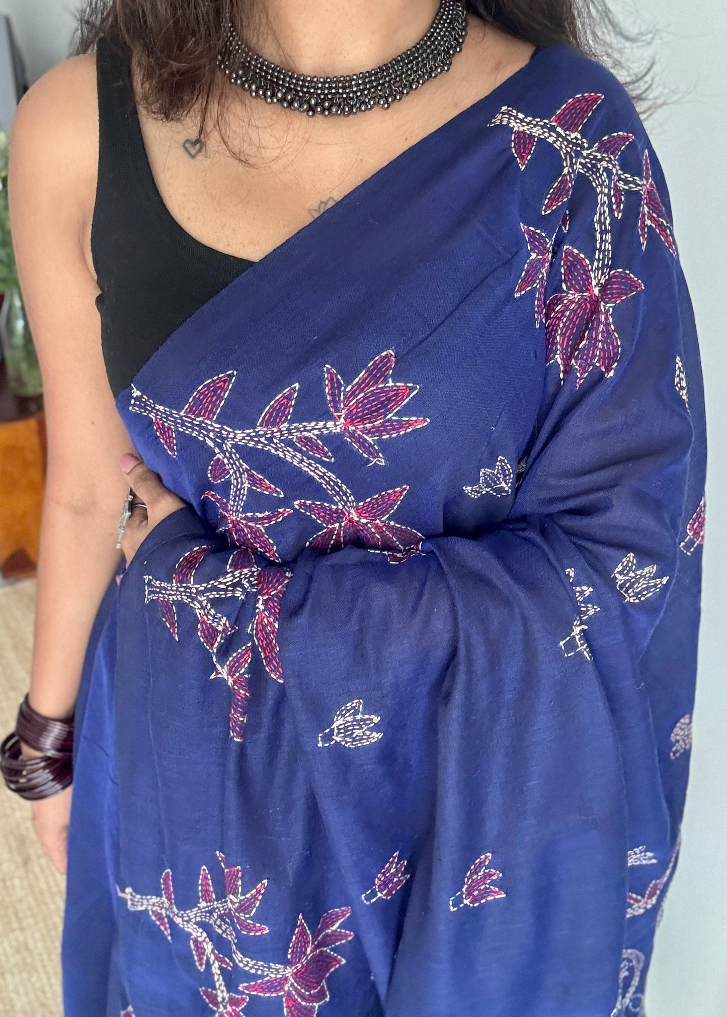 Neel Gaatha (নীল গাথা) - Blue Tale, navy blue kantha weave in soft khadi cotton - YCBCKKC02
