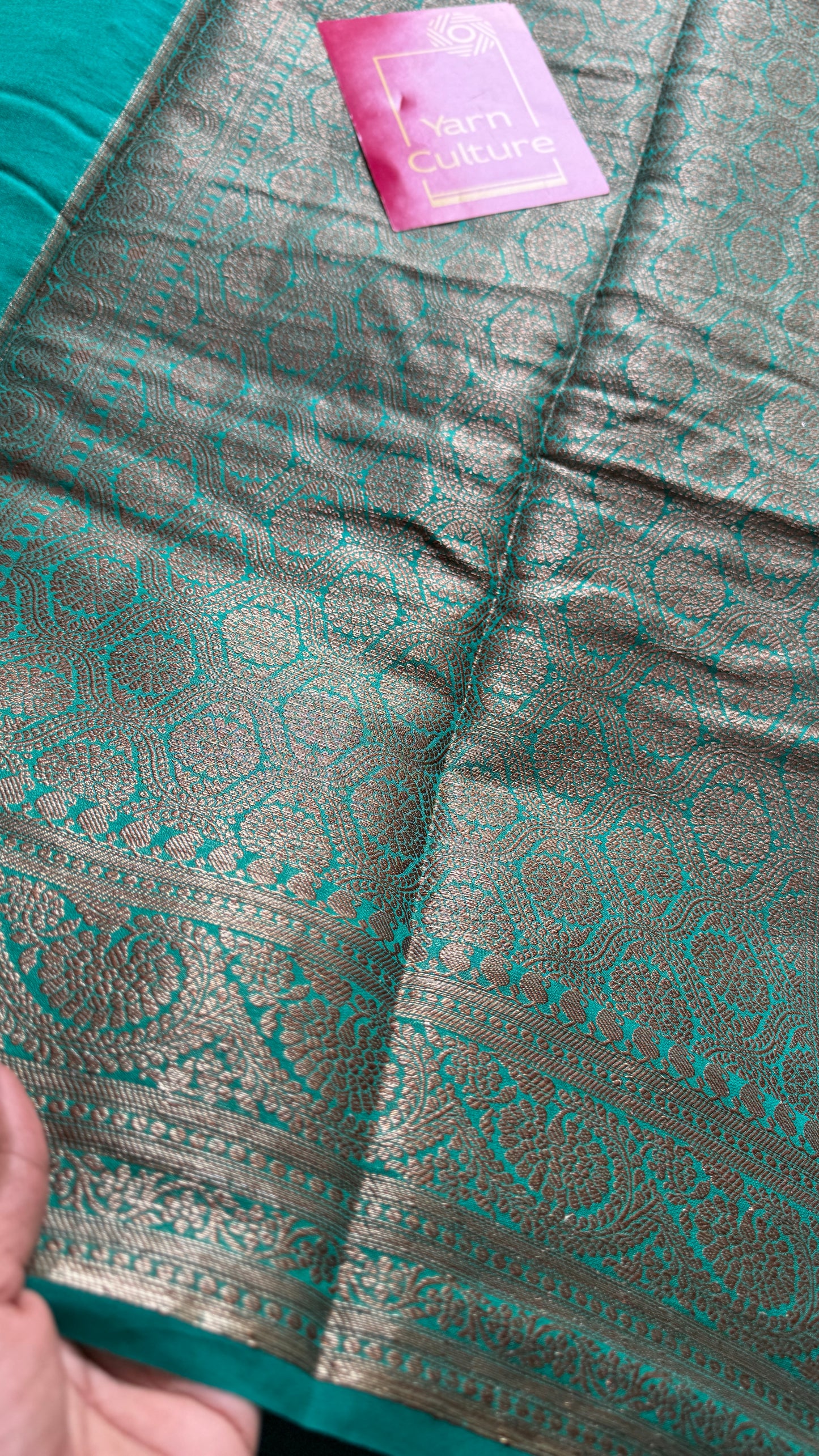 Vibhuti - Dark yellow antique gold with contrast turquoise border & pallu, Banarasi semi georgette