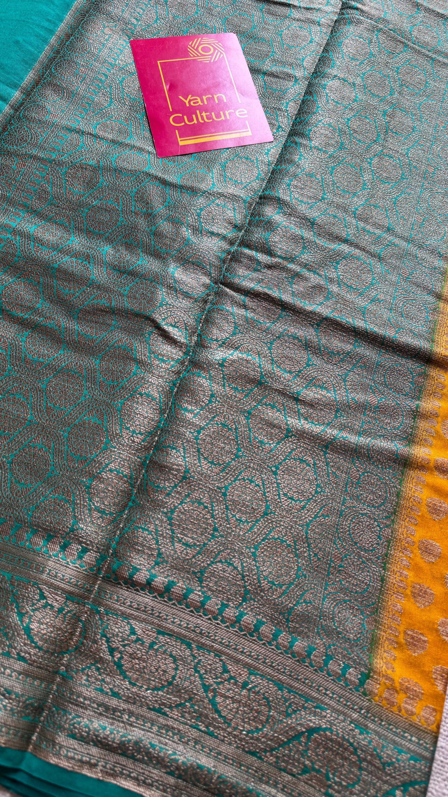 Vibhuti - Dark yellow antique gold with contrast turquoise border & pallu, Banarasi semi georgette