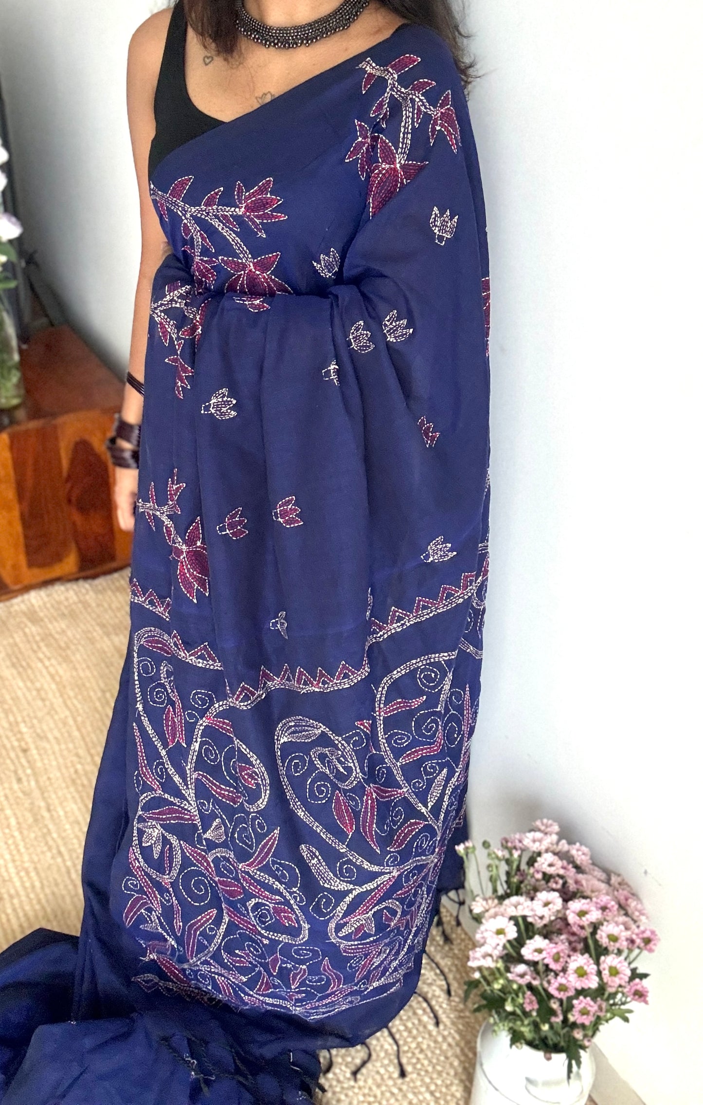Neel Gaatha (নীল গাথা) - Blue Tale, navy blue kantha weave in soft khadi cotton - YCBCKKC02