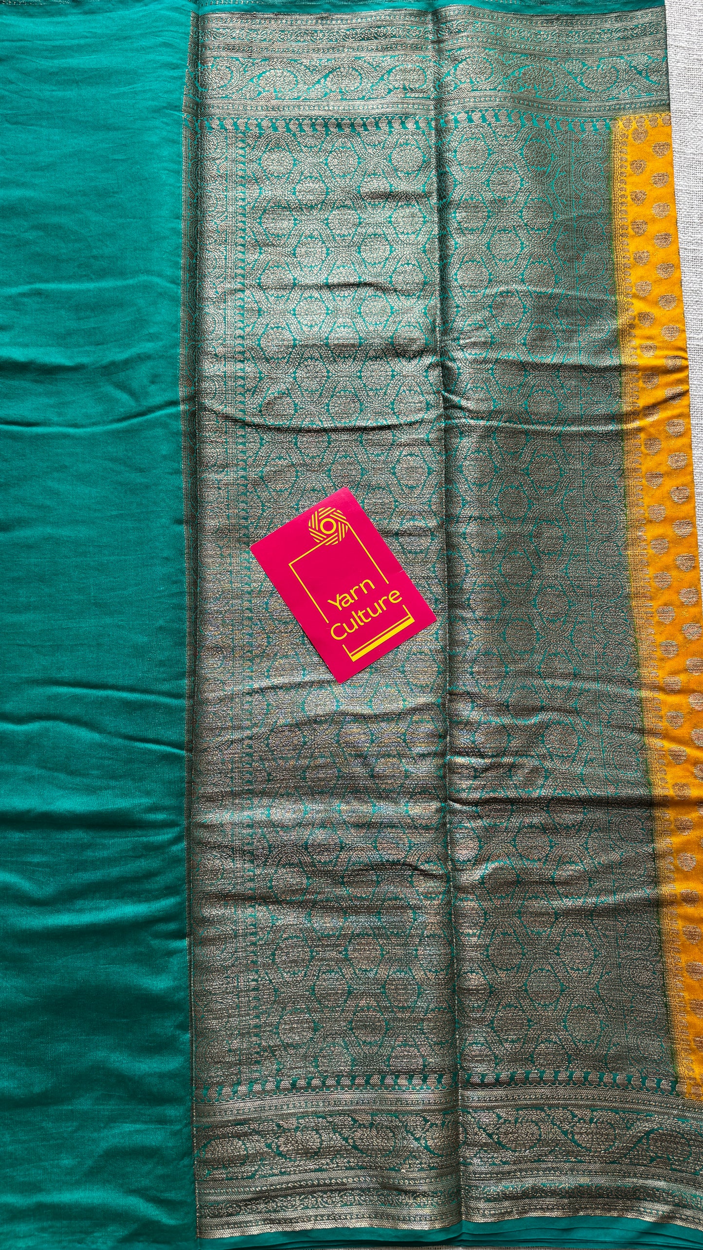 Vibhuti - Dark yellow antique gold with contrast turquoise border & pallu, Banarasi semi georgette