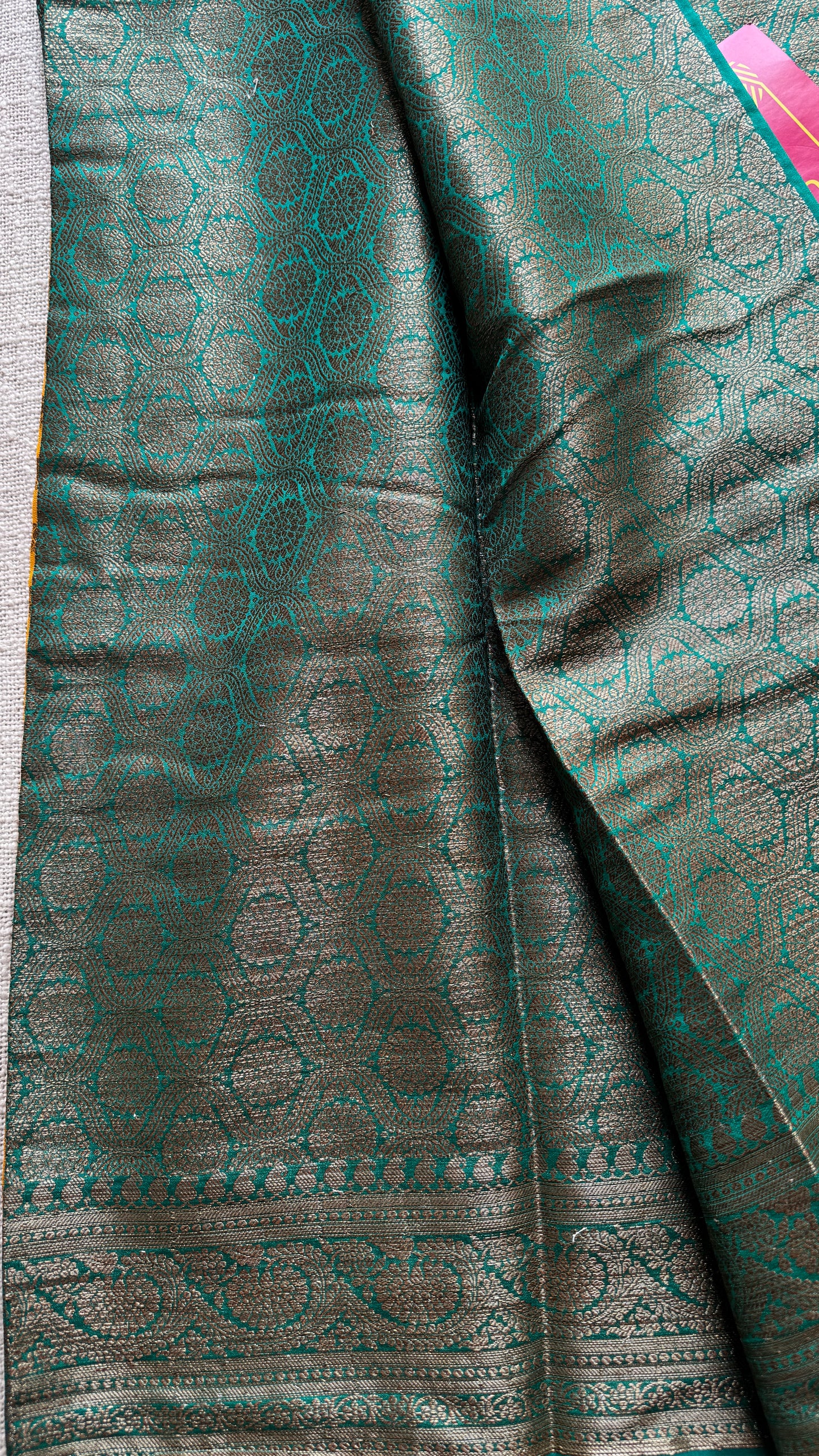 Vibhuti - Dark yellow antique gold with contrast turquoise border & pallu, Banarasi semi georgette