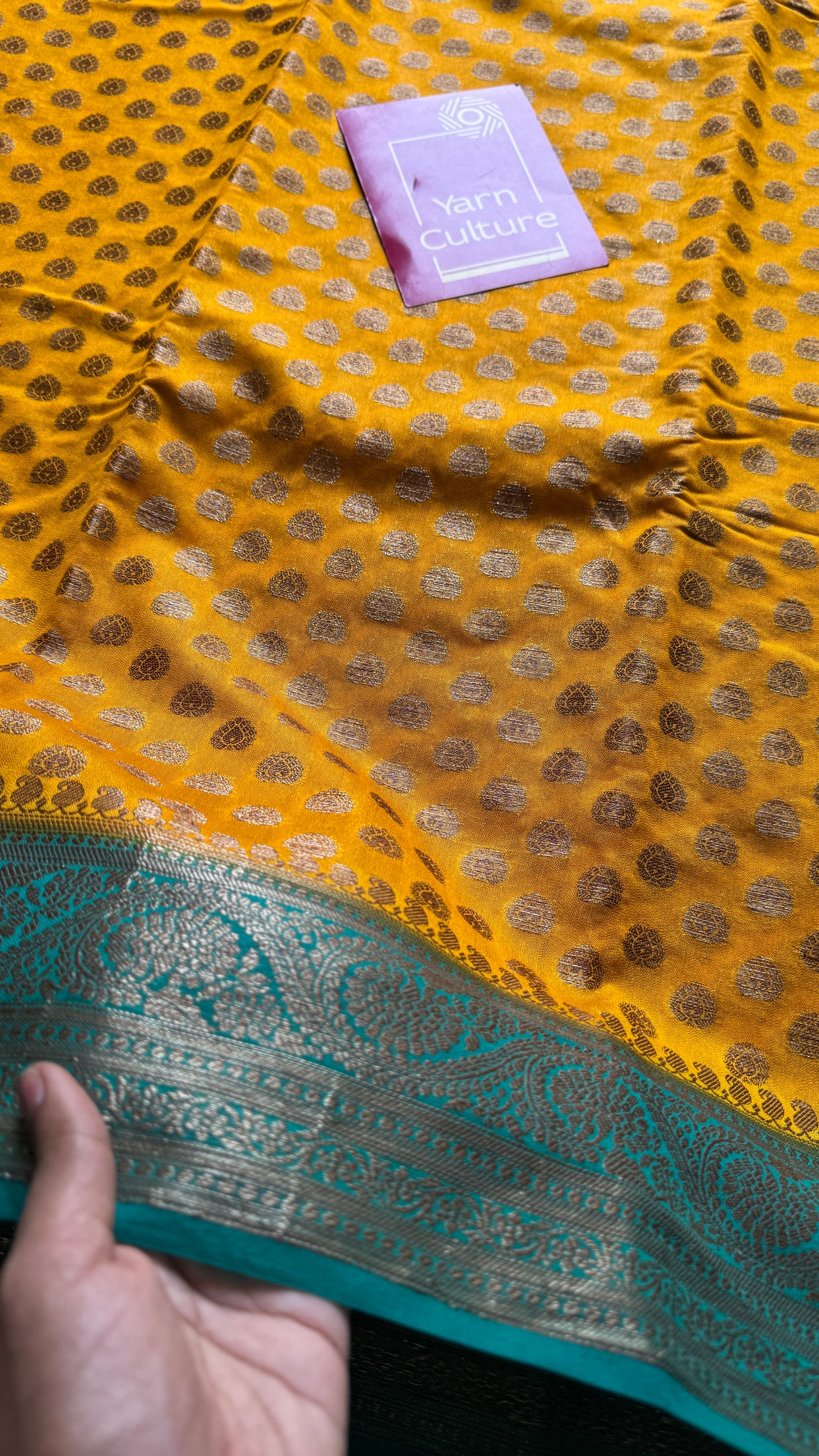 Vibhuti - Dark yellow antique gold with contrast turquoise border & pallu, Banarasi semi georgette