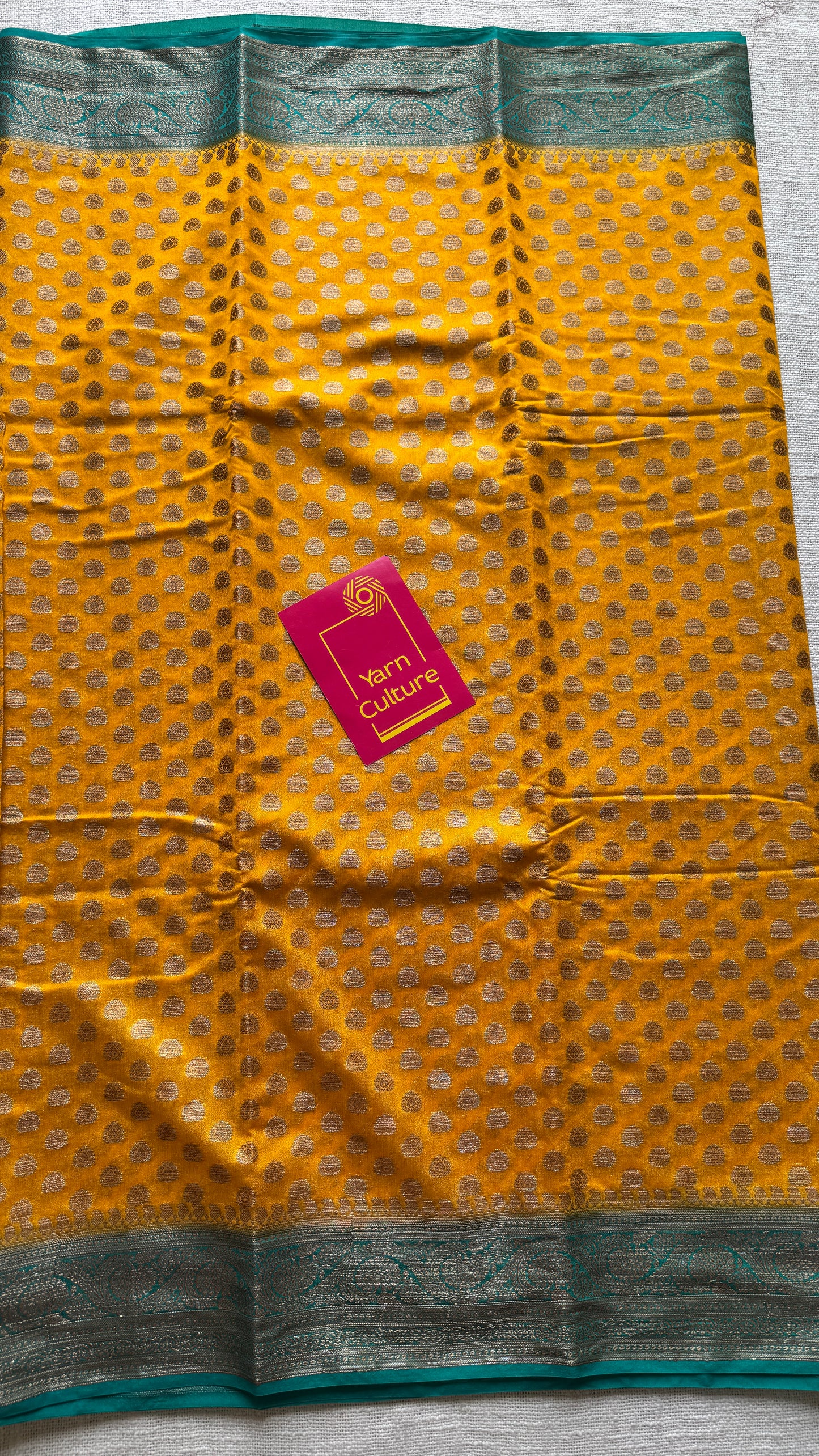 Vibhuti - Dark yellow antique gold with contrast turquoise border & pallu, Banarasi semi georgette