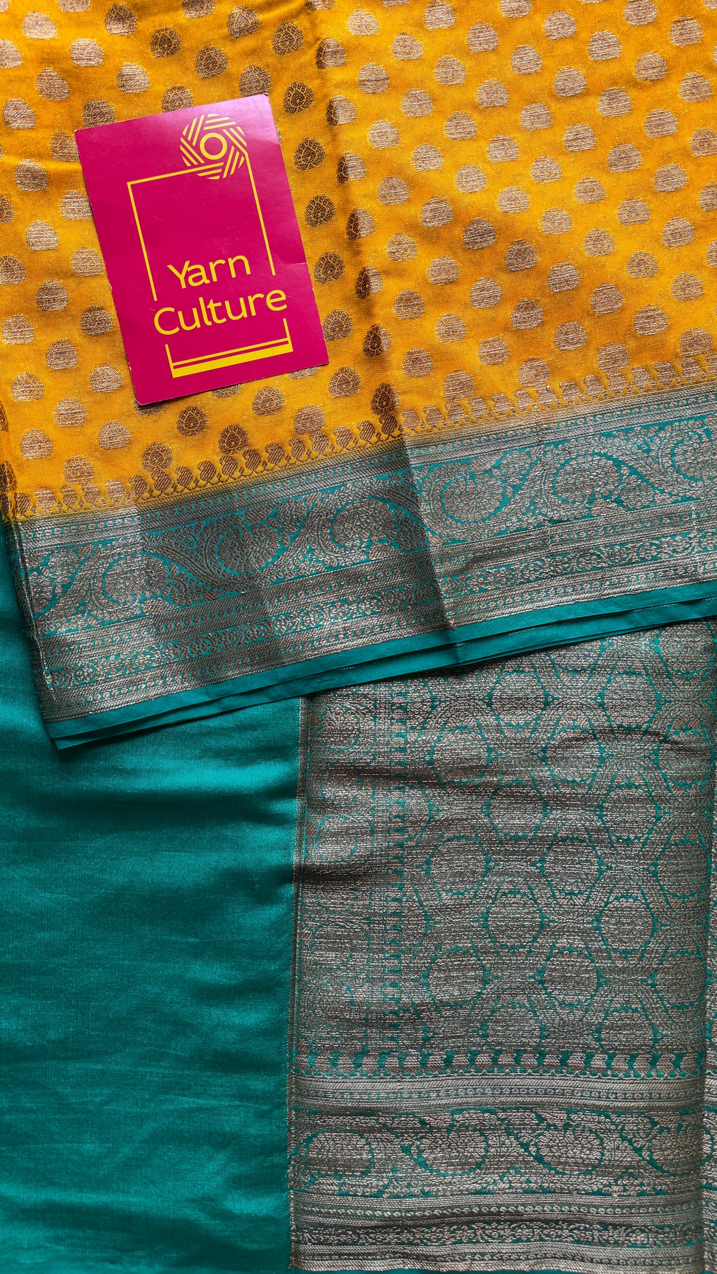 Vibhuti - Dark yellow antique gold with contrast turquoise border & pallu, Banarasi semi georgette