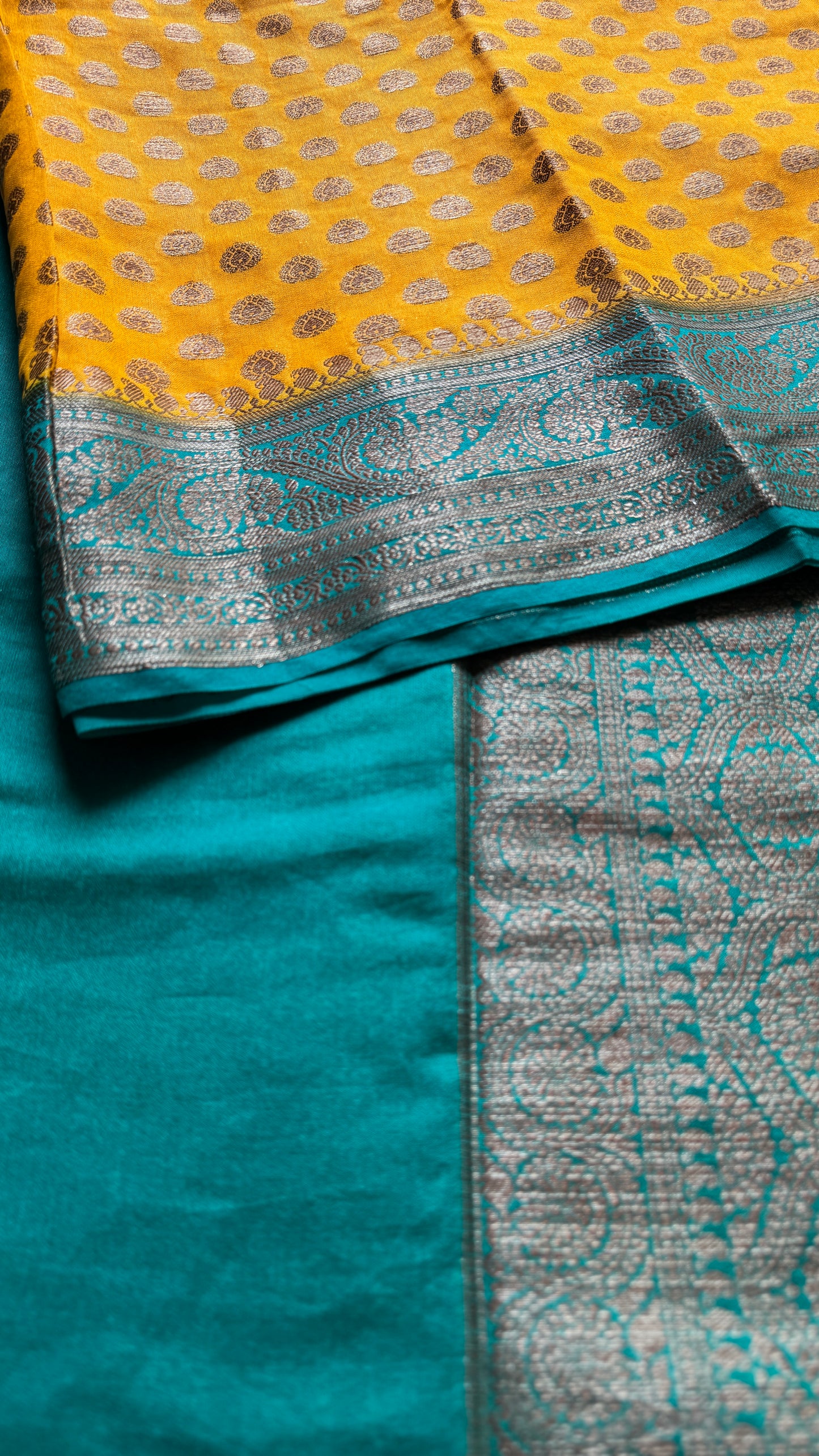 Vibhuti - Dark yellow antique gold with contrast turquoise border & pallu, Banarasi semi georgette