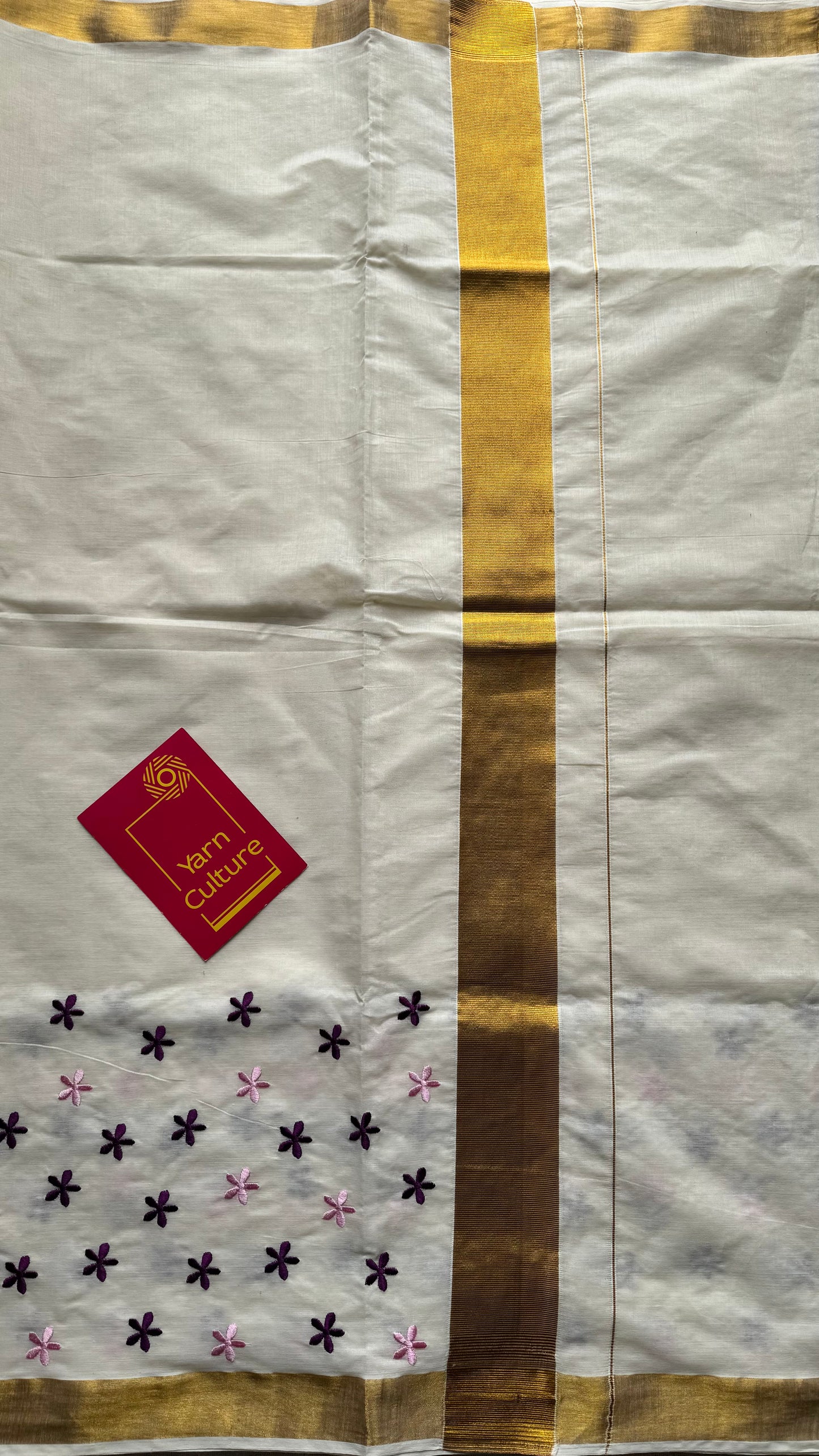 Anjana : Delicate purple and light pink flowers embroidered in soft Kerala cotton - YCONKCE156