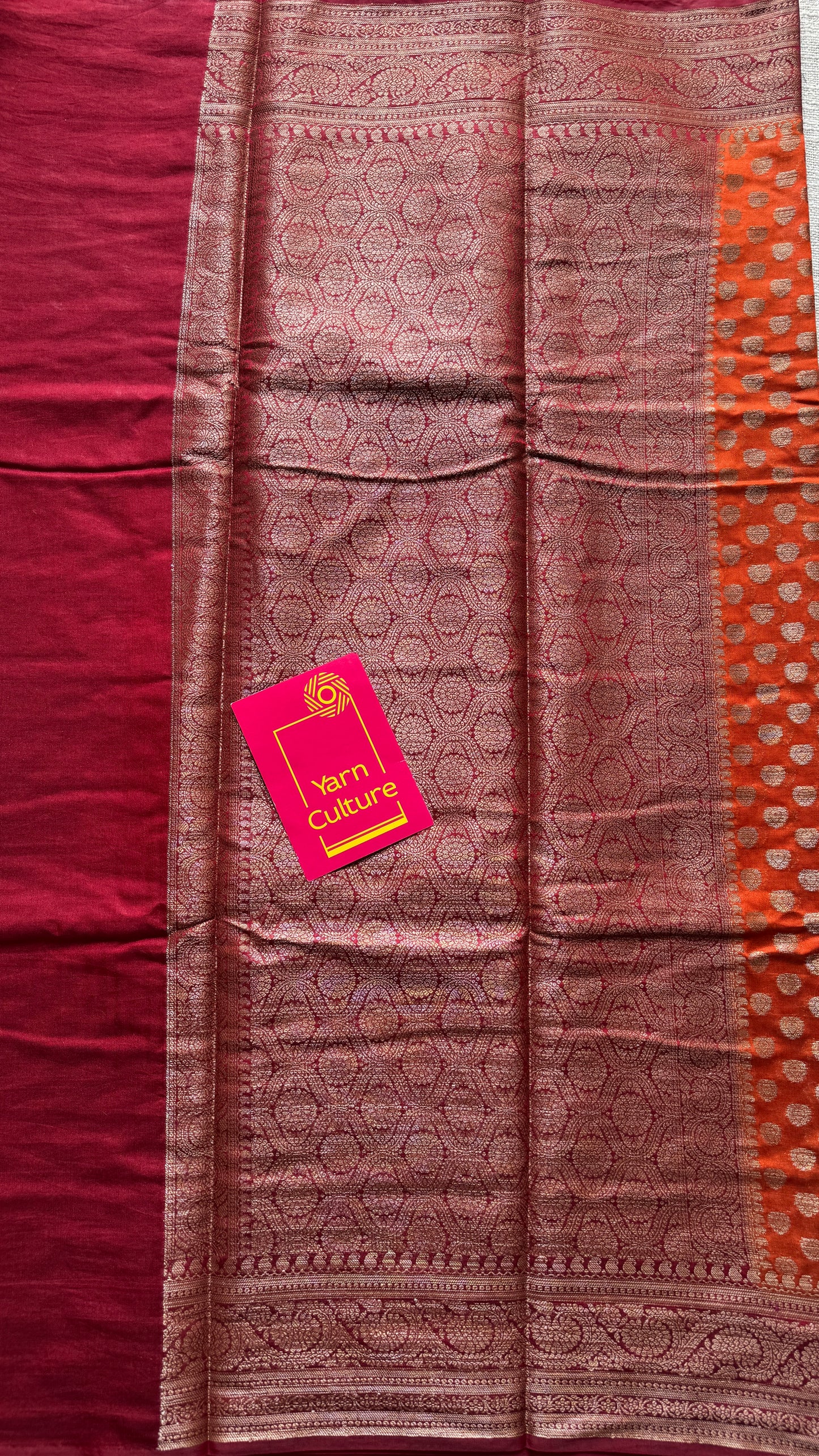 Agnira - Rust orange antique gold with contrast maroon border & pallu, Banarasi semi georgette