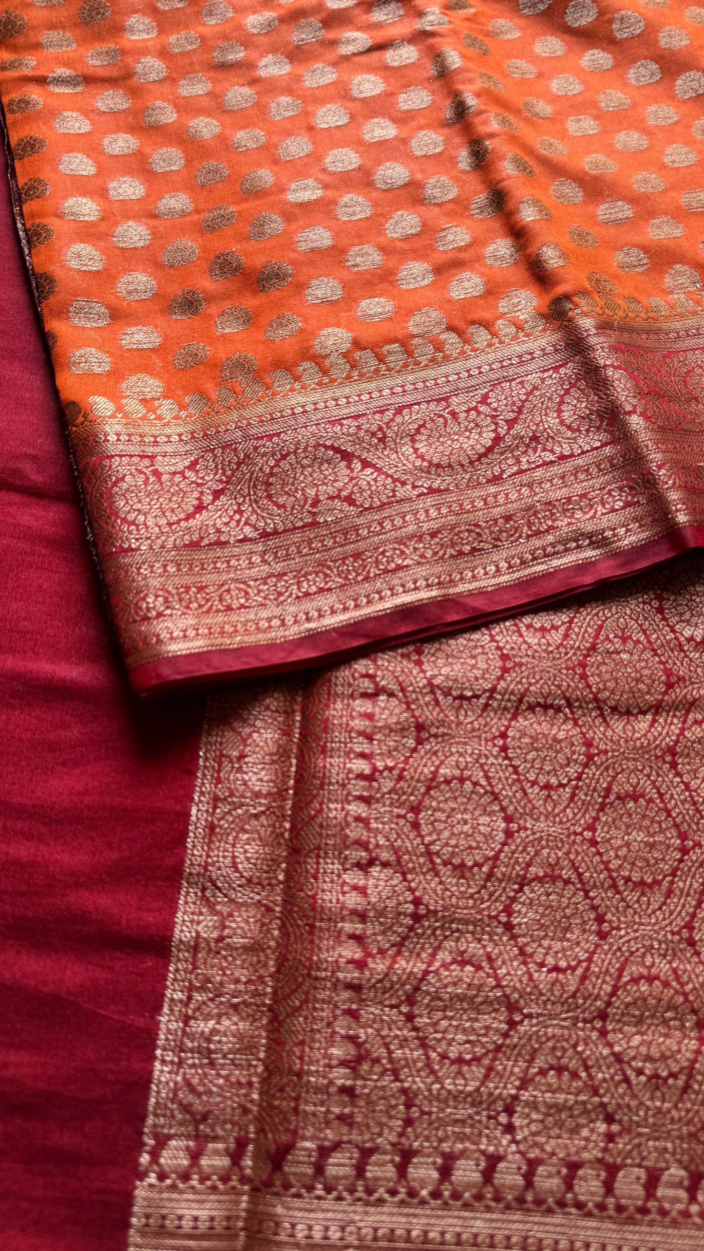 Agnira - Rust orange antique gold with contrast maroon border & pallu, Banarasi semi georgette