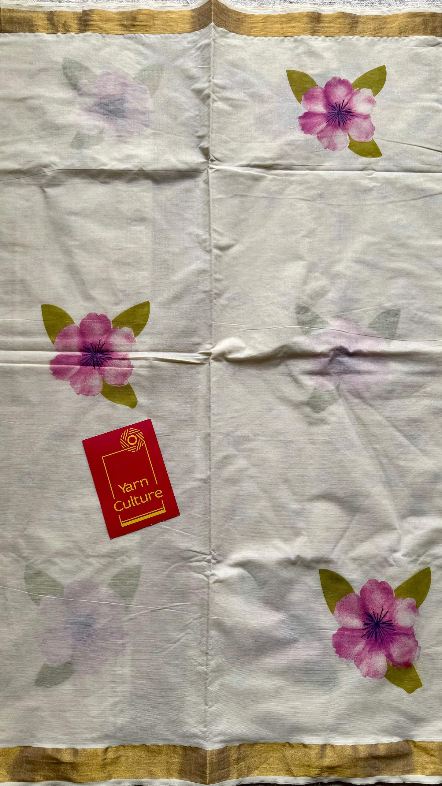 Deepa : Ivory and gold, with purple hibiscus flowers, Kerala cotton - YCONKCE131