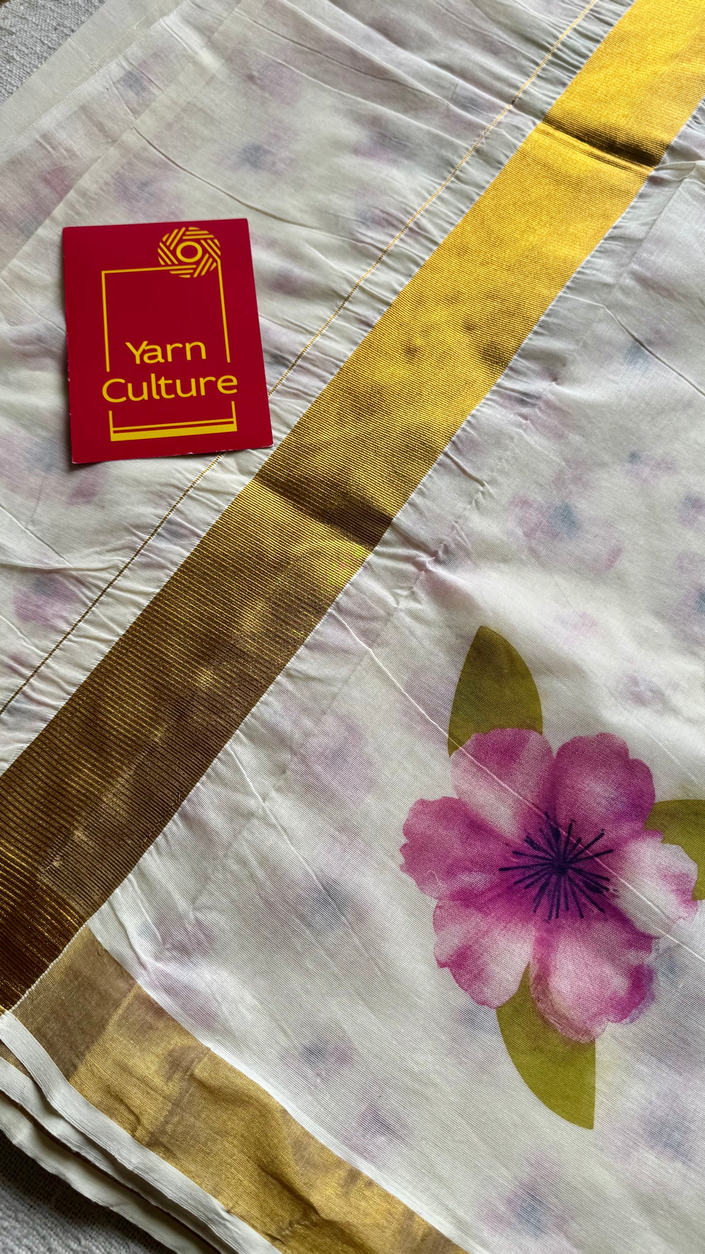 Deepa : Ivory and gold, with purple hibiscus flowers, Kerala cotton - YCONKCE131