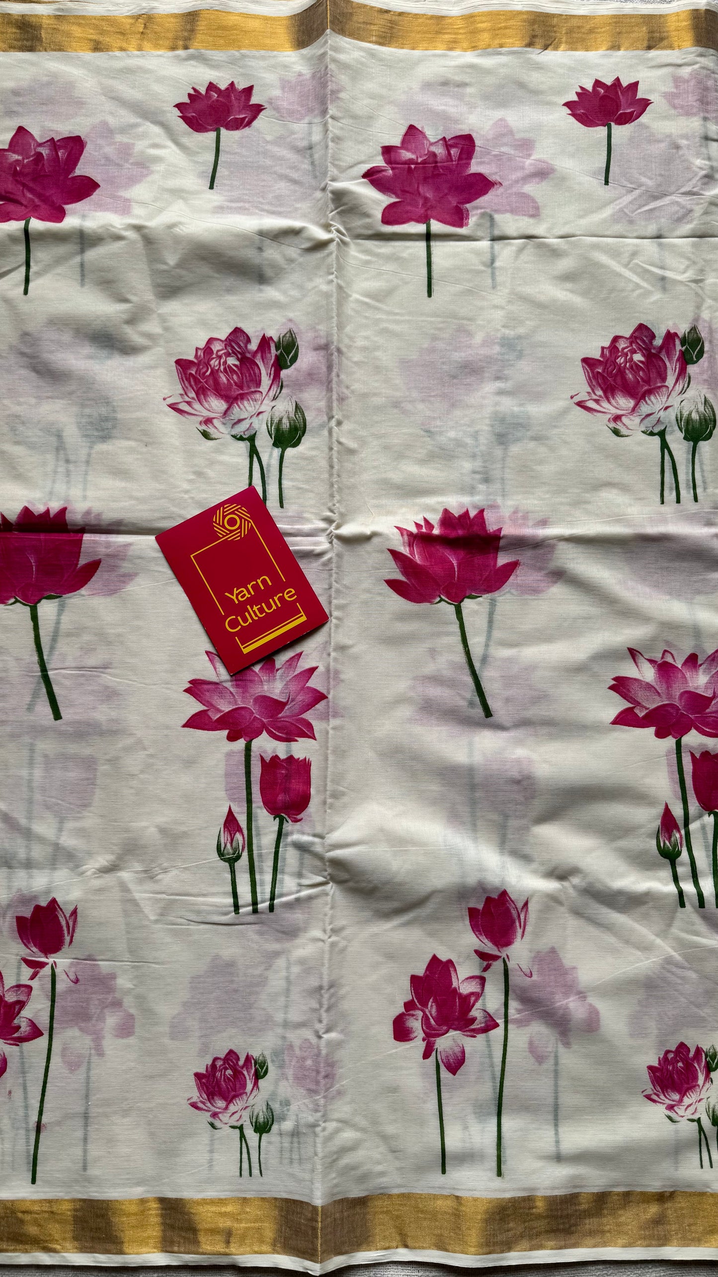 Geethi : Ivory and gold with vibrant pink lotuses, Kerala cotton - YCONKCE106