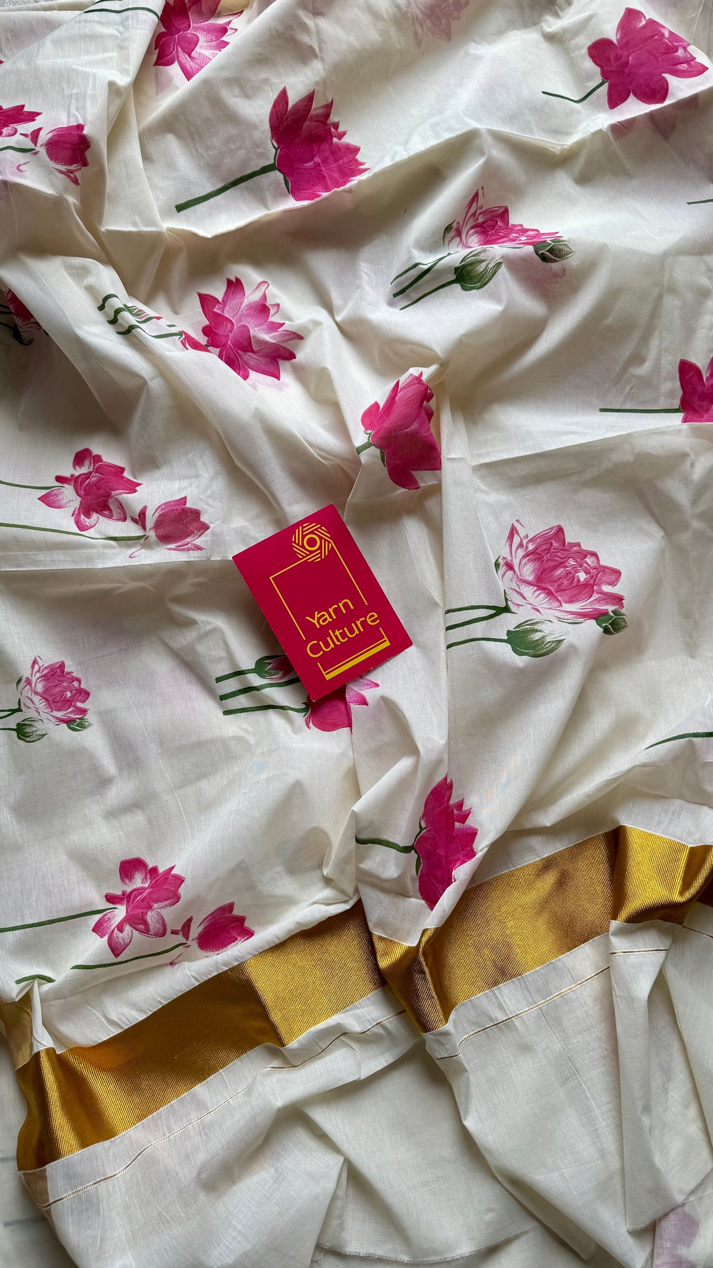Geethi : Ivory and gold with vibrant pink lotuses, Kerala cotton - YCONKCE106