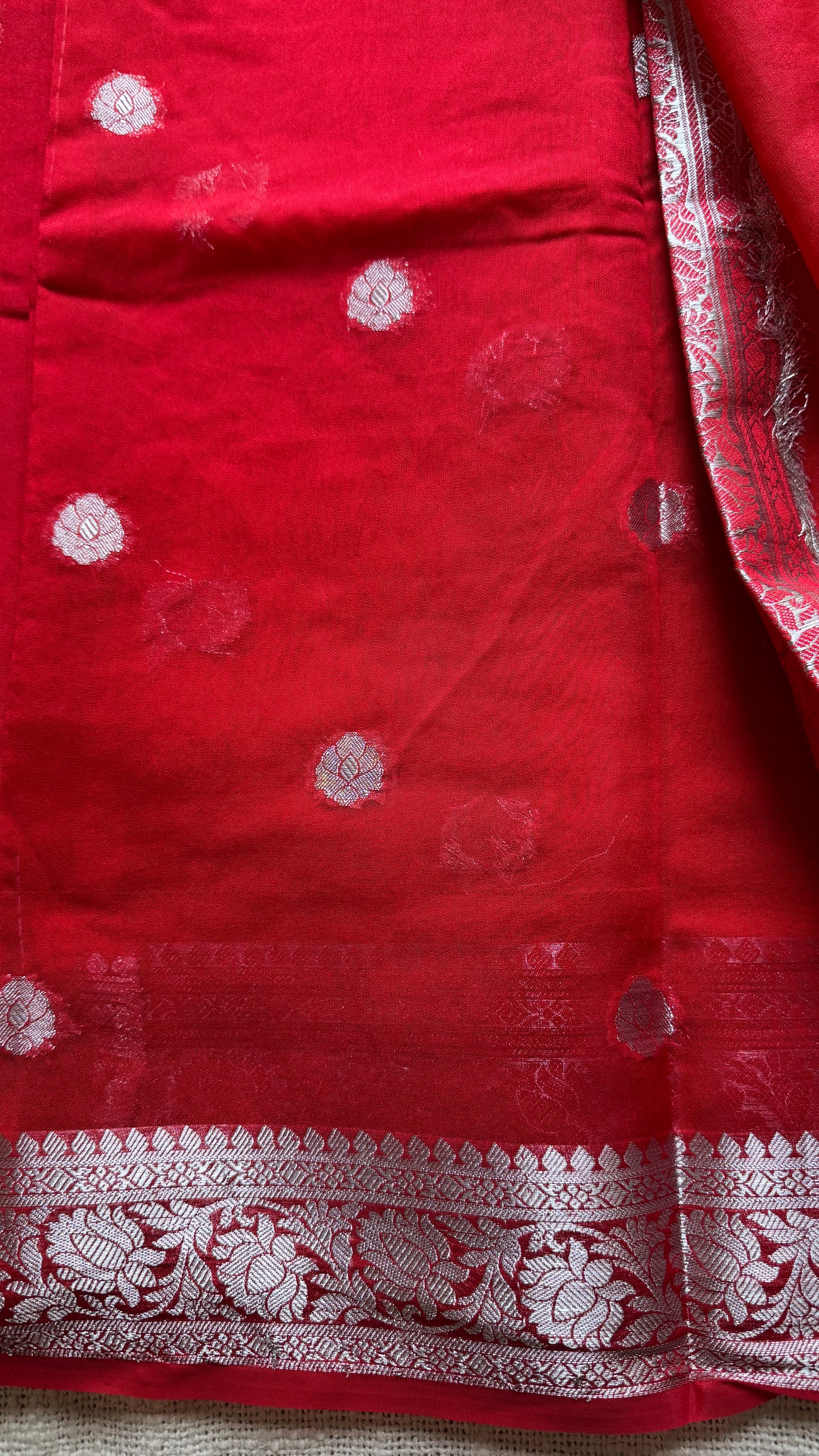 Shubhrika - Chilli red silver zari, Banarasi semi chiffon