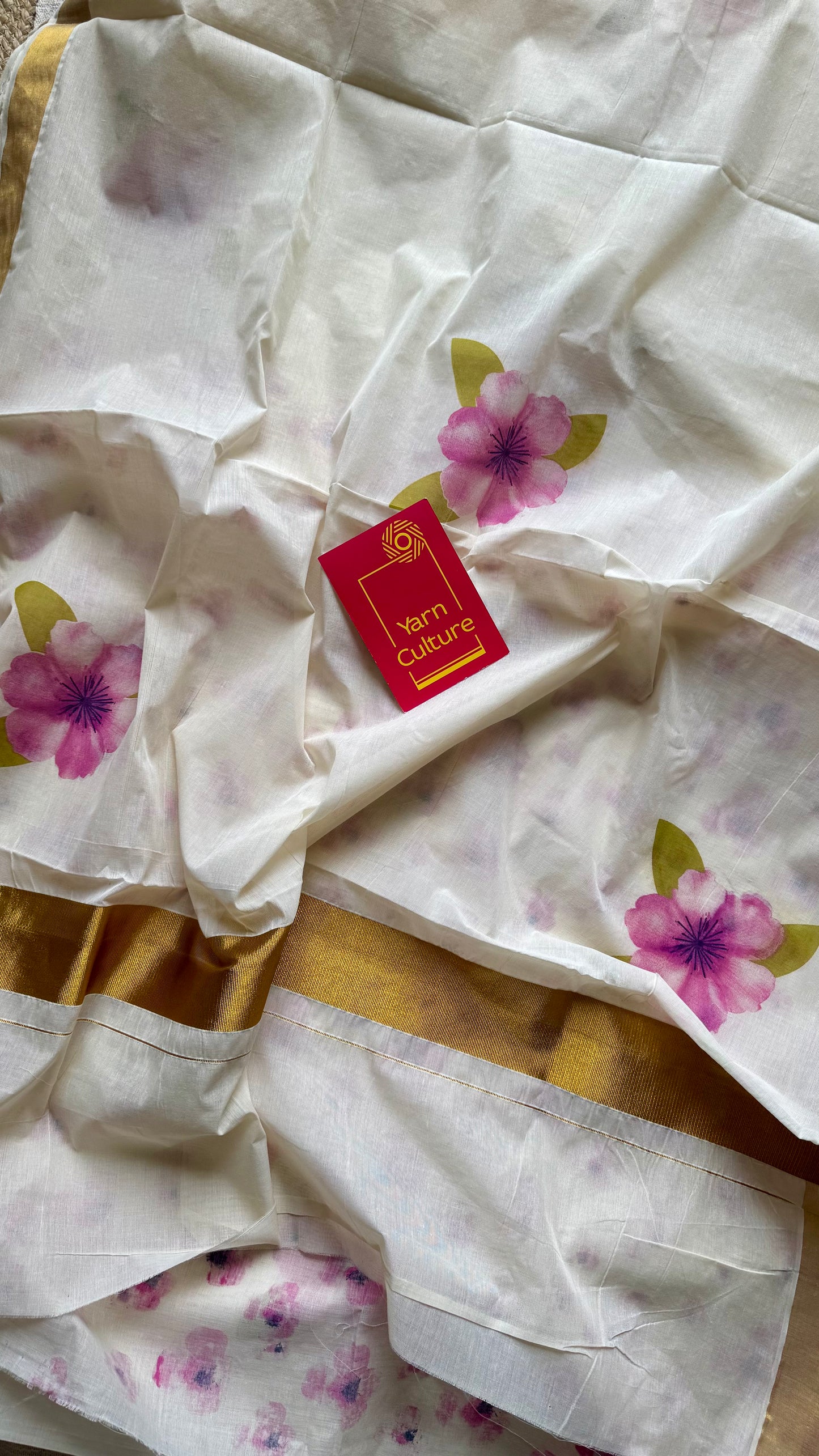Deepa : Ivory and gold, with purple hibiscus flowers, Kerala cotton - YCONKCE131