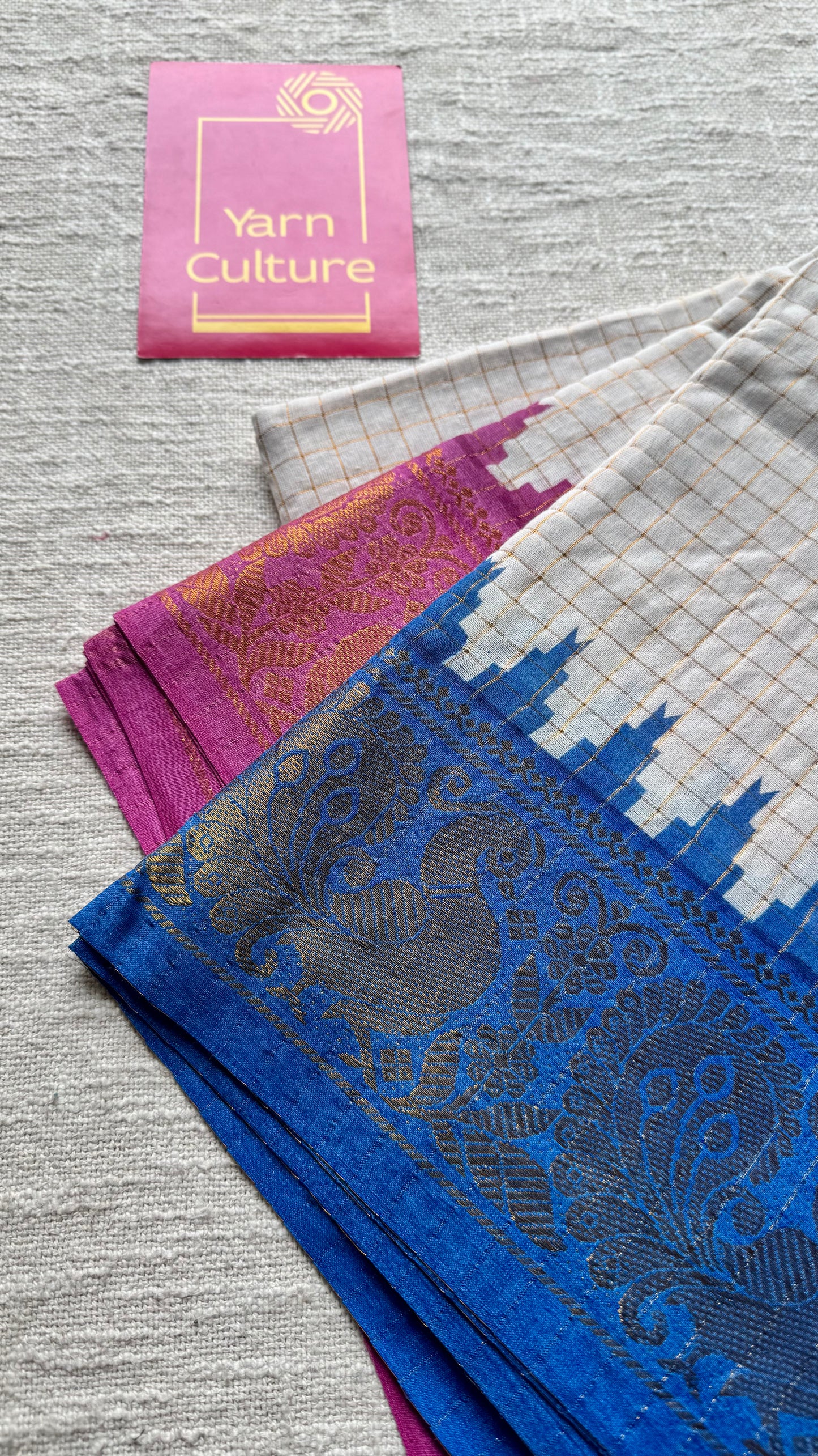 Sujina : Sungudi cotton checks, ivory gold base, purple and blue dual tone border, soft cotton - YCONCOTN210
