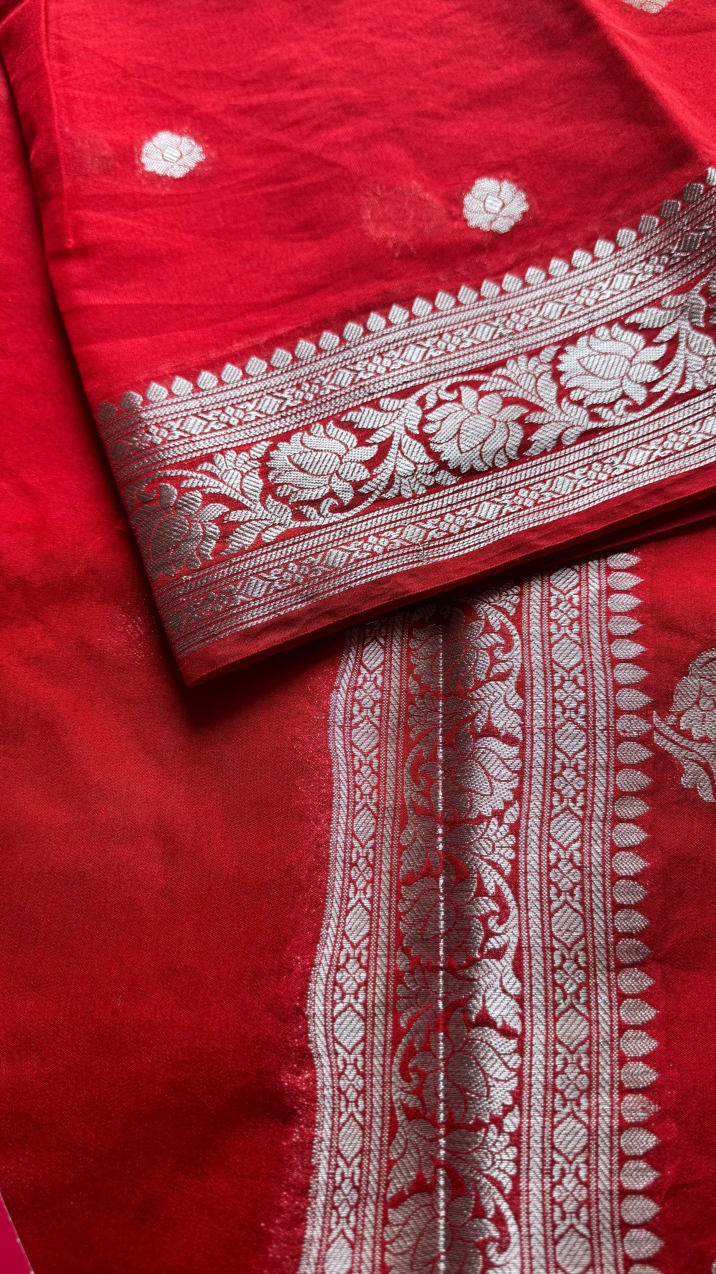 Shubhrika - Chilli red silver zari, Banarasi semi chiffon
