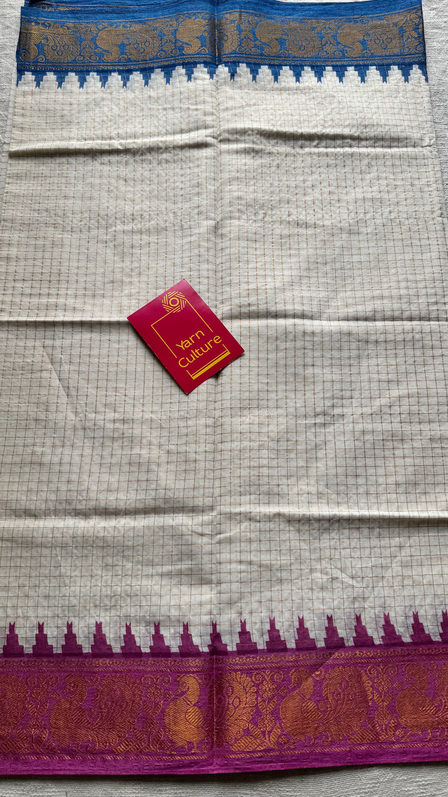 Sujina : Sungudi cotton checks, ivory gold base, purple and blue dual tone border, soft cotton - YCONCOTN210