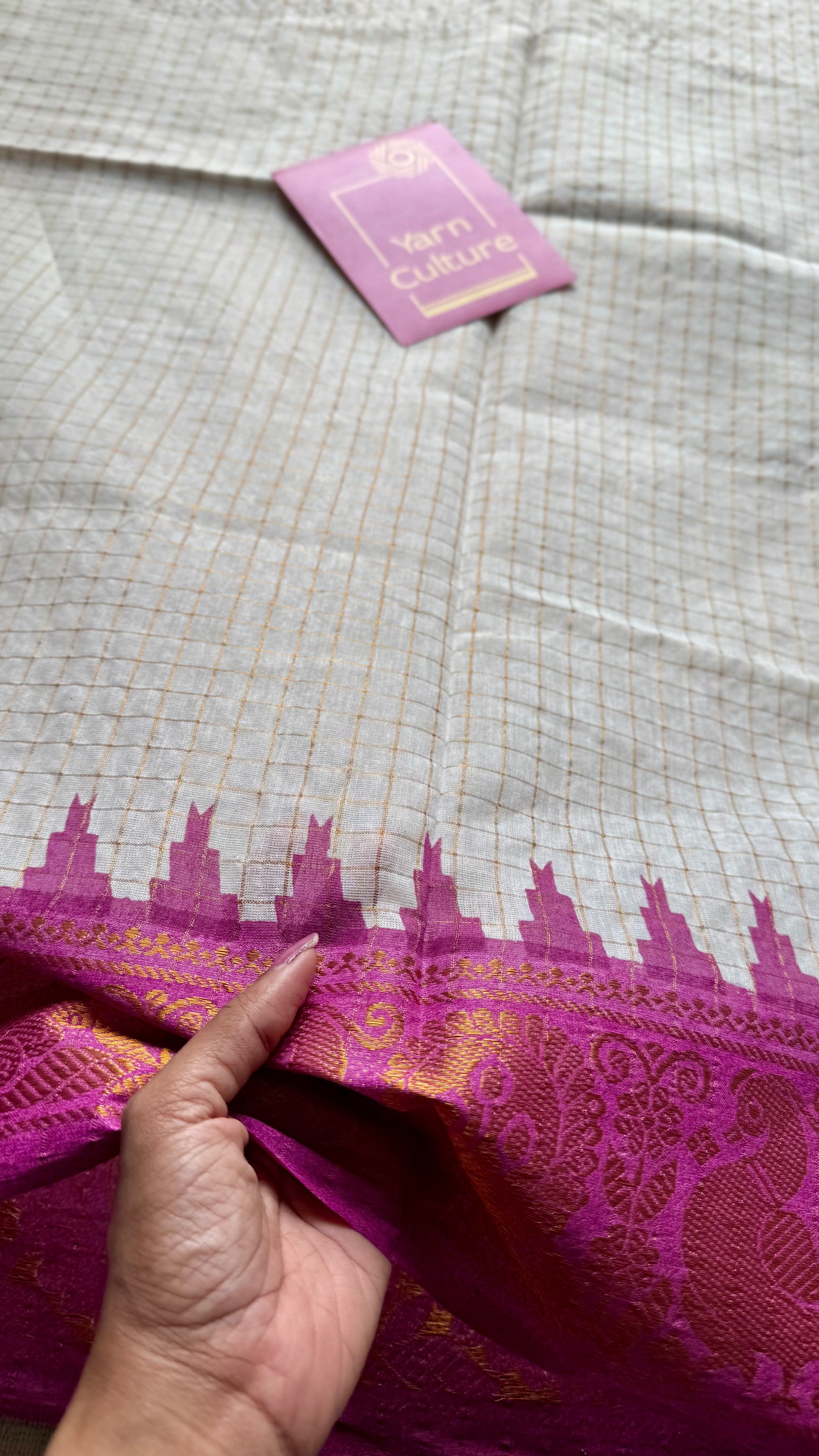 Sujina : Sungudi cotton checks, ivory gold base, purple and blue dual tone border, soft cotton - YCONCOTN210