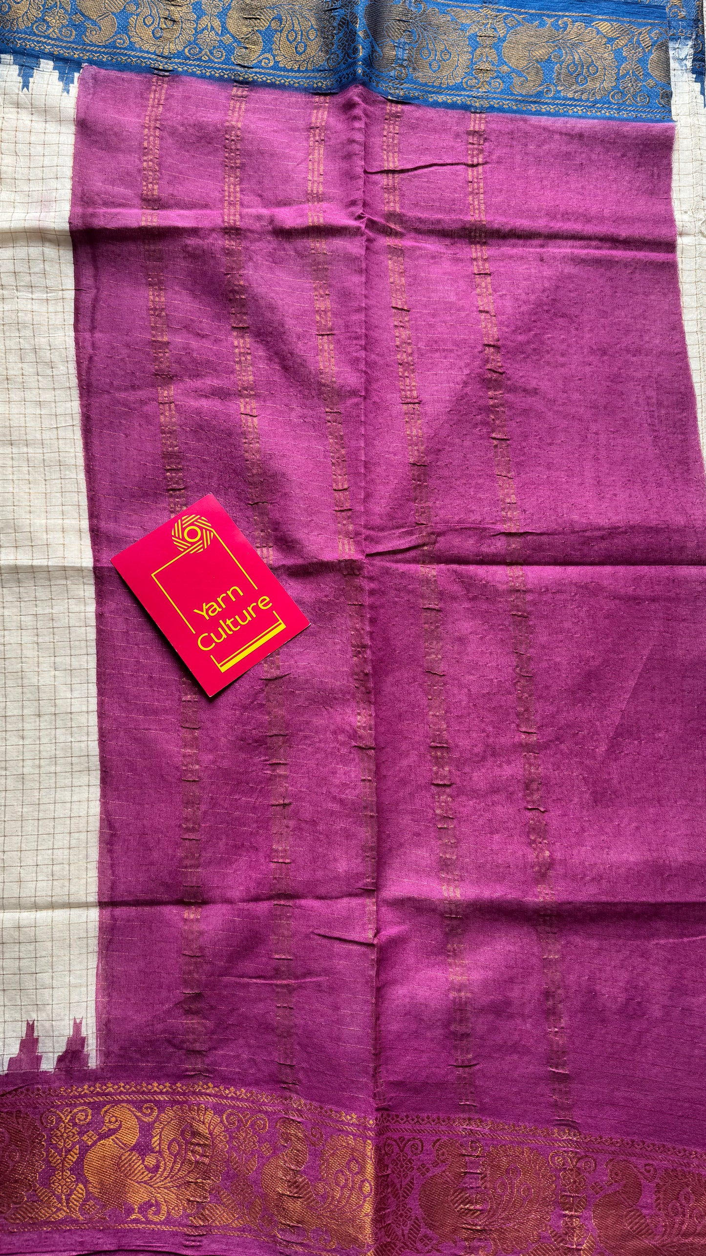 Sujina : Sungudi cotton checks, ivory gold base, purple and blue dual tone border, soft cotton - YCONCOTN210