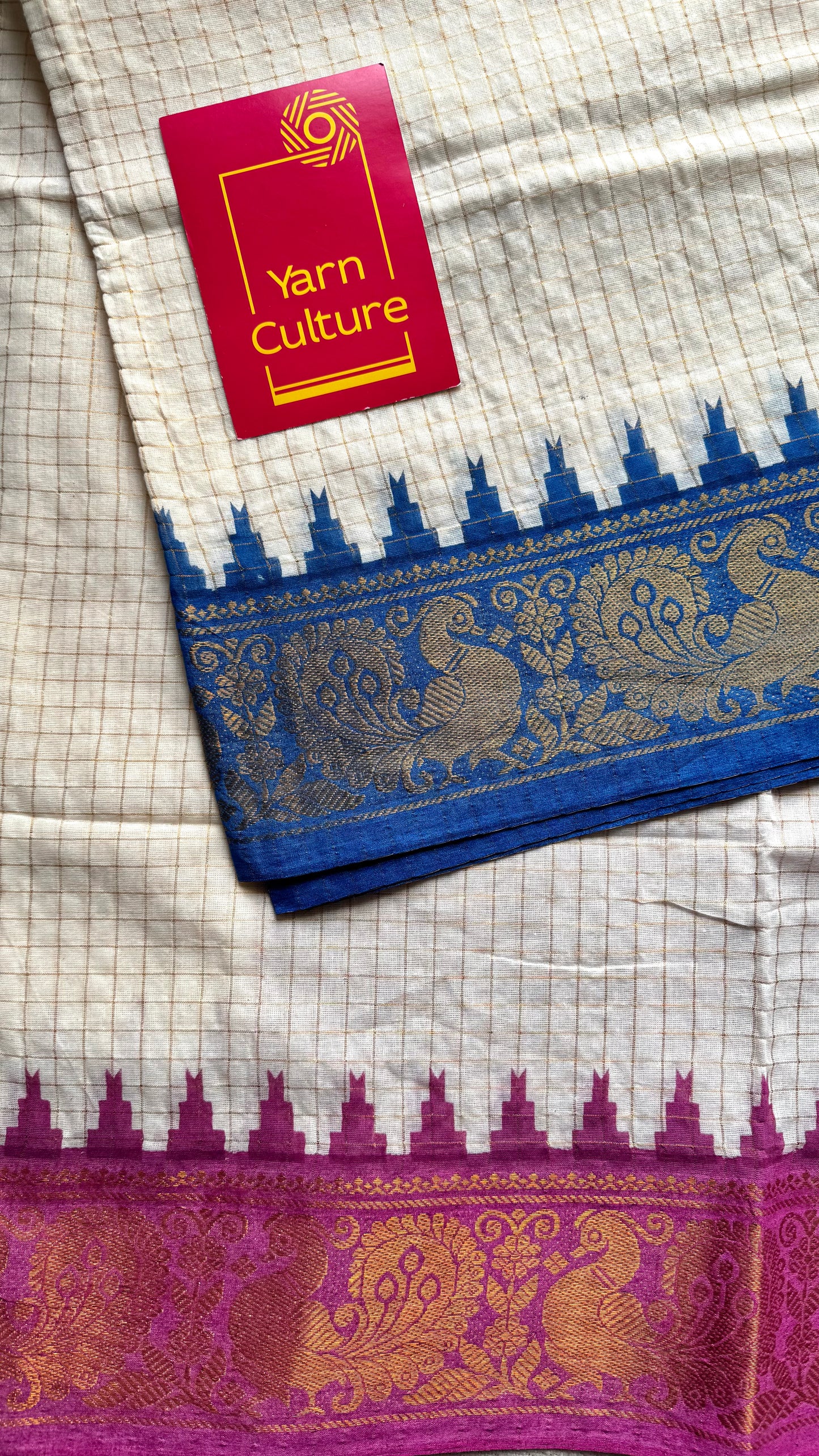Sujina : Sungudi cotton checks, ivory gold base, purple and blue dual tone border, soft cotton - YCONCOTN210