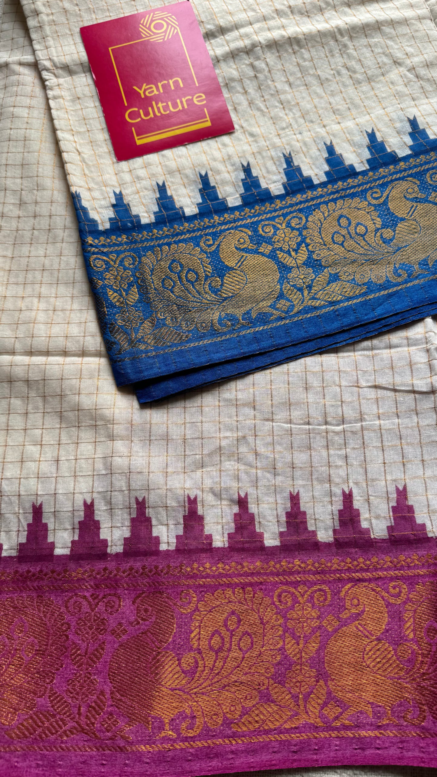 Sujina : Sungudi cotton checks, ivory gold base, purple and blue dual tone border, soft cotton - YCONCOTN210