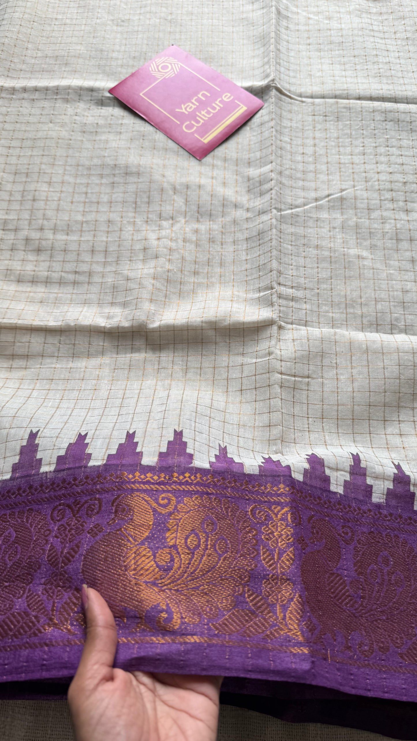 Apurva : Sungudi cotton checks, ivory gold base, green and purple dual tone border, soft cotton - YCONCOTN205