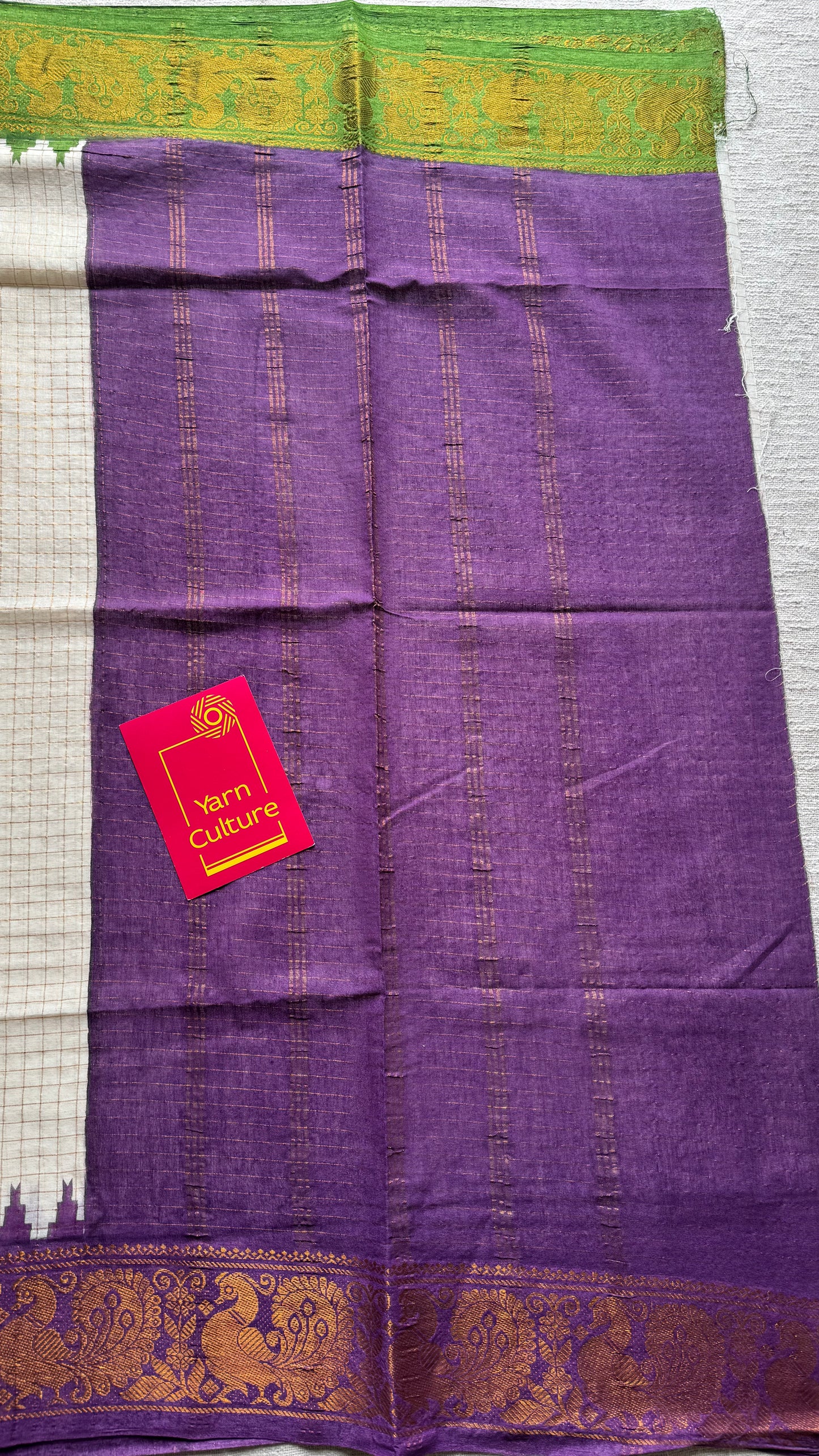 Apurva : Sungudi cotton checks, ivory gold base, green and purple dual tone border, soft cotton - YCONCOTN205