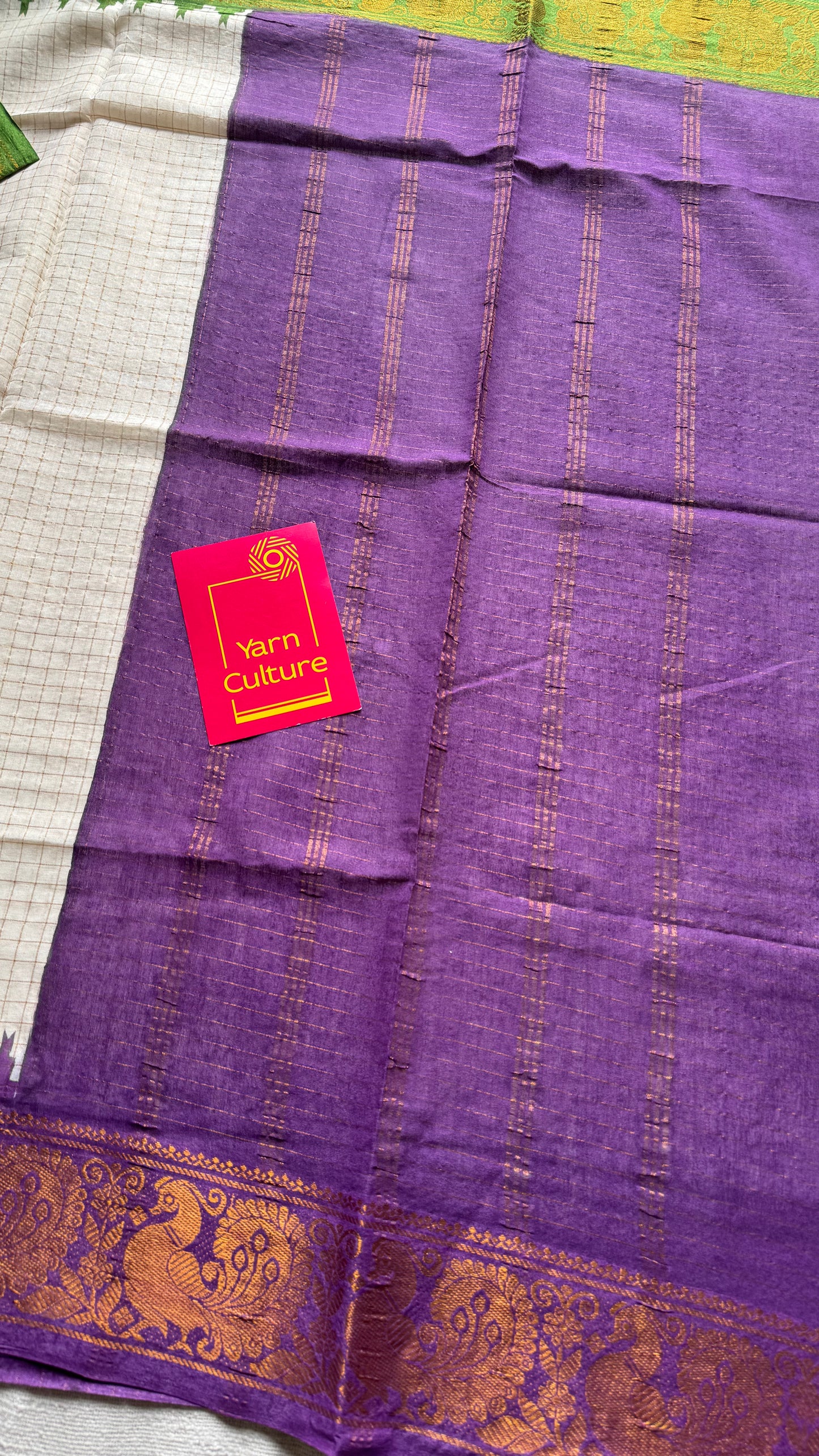 Apurva : Sungudi cotton checks, ivory gold base, green and purple dual tone border, soft cotton - YCONCOTN205