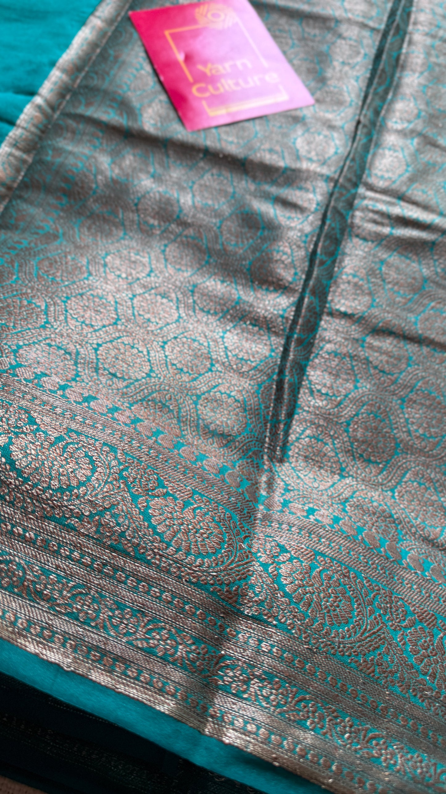 Brahmika - Deep red antique gold with contrast turquoise border & pallu, Banarasi semi georgette