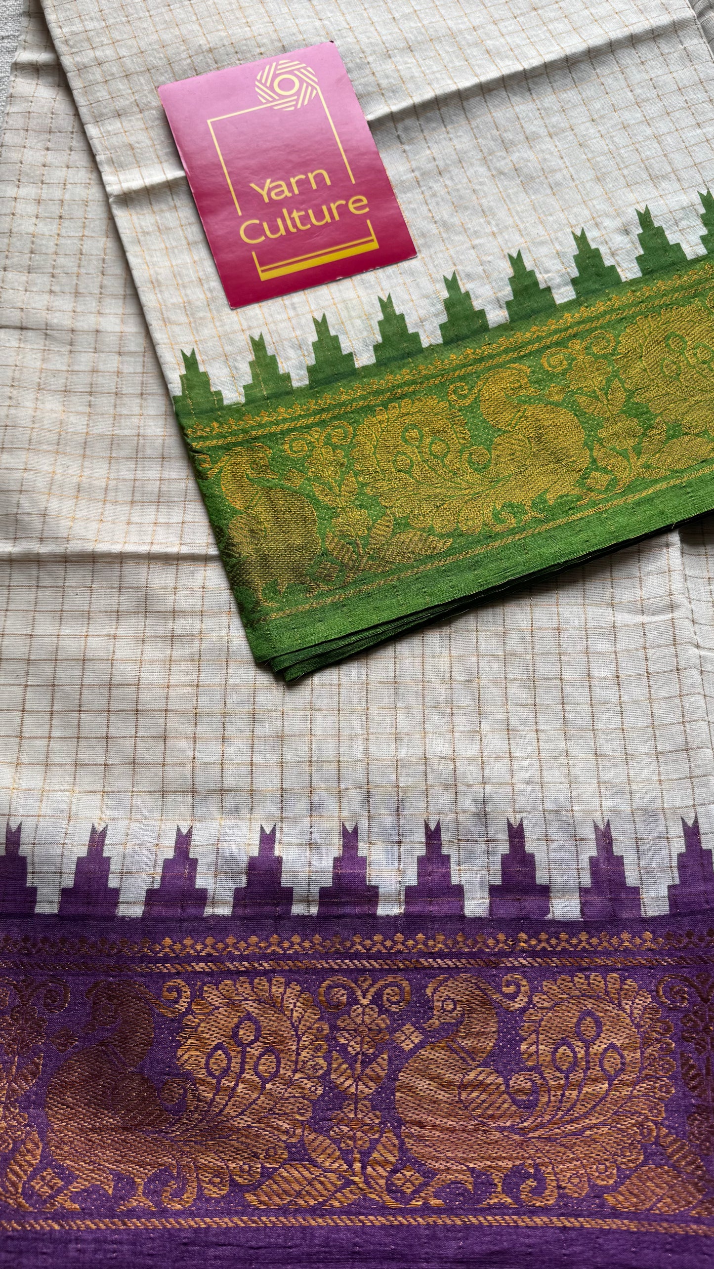 Apurva : Sungudi cotton checks, ivory gold base, green and purple dual tone border, soft cotton - YCONCOTN205