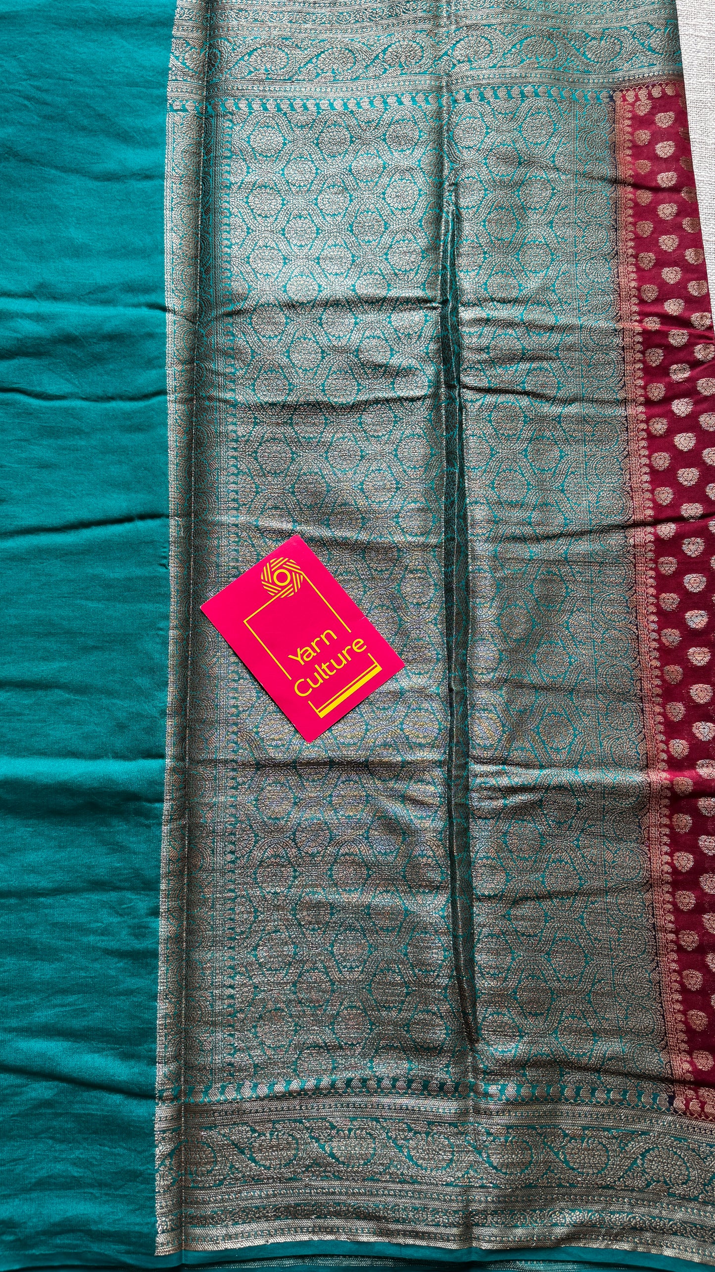 Brahmika - Deep red antique gold with contrast turquoise border & pallu, Banarasi semi georgette