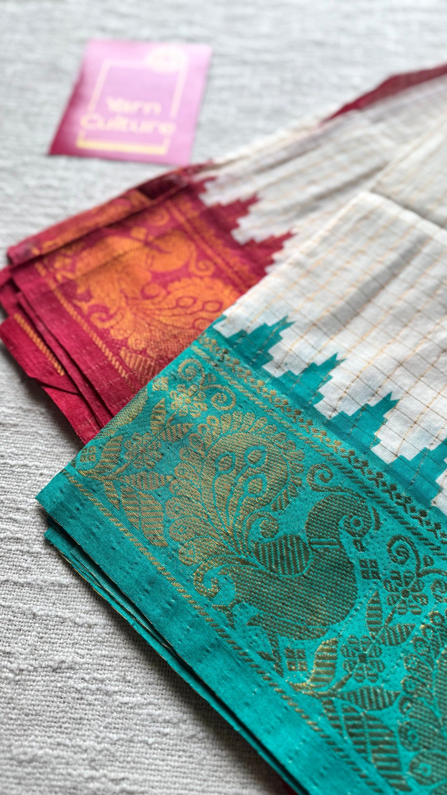 Chinnu: Sungudi cotton checks, ivory gold base, turquoise and red dual tone border, soft cotton - YCONCOTN215