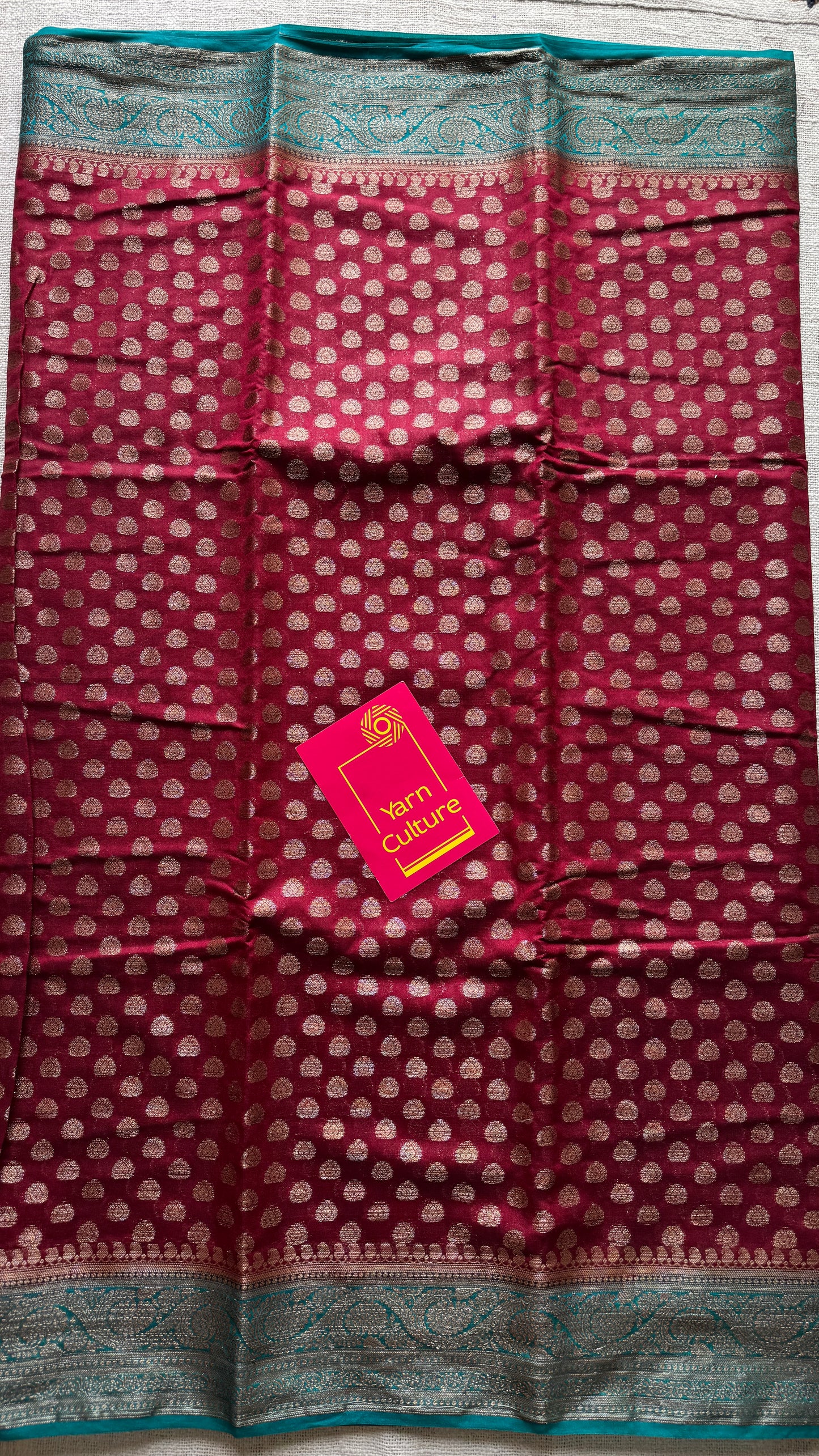 Brahmika - Deep red antique gold with contrast turquoise border & pallu, Banarasi semi georgette