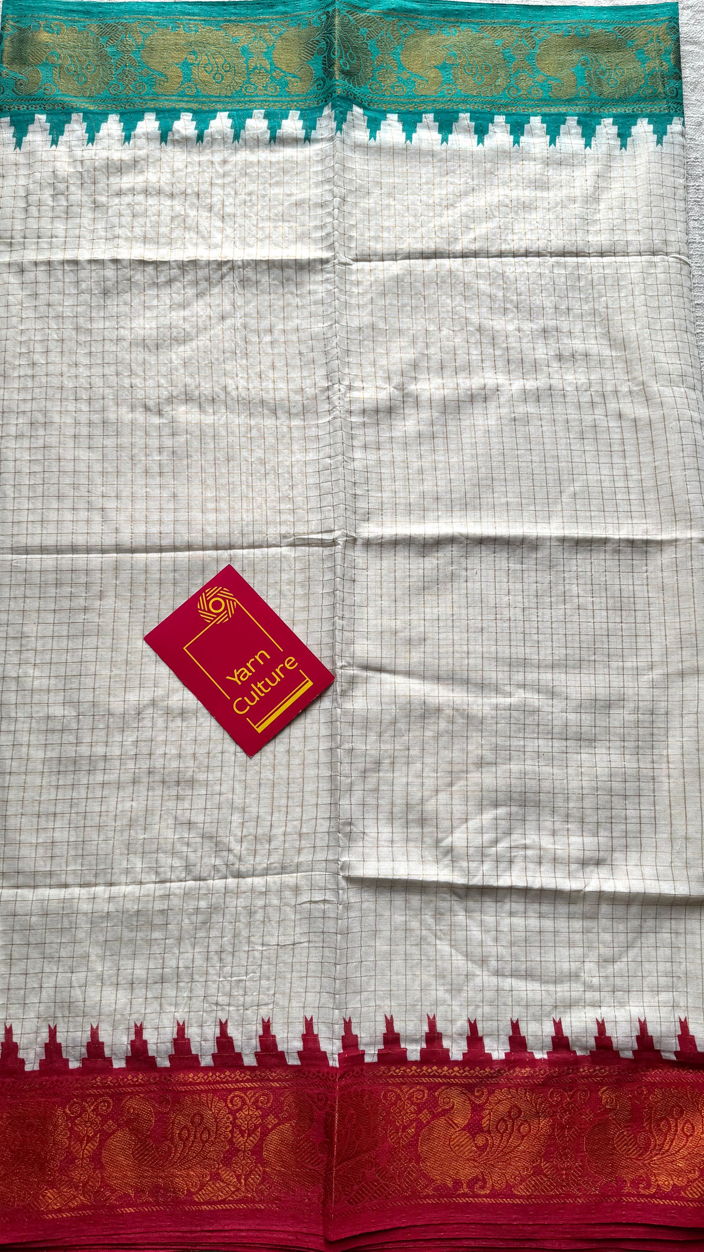 Chinnu: Sungudi cotton checks, ivory gold base, turquoise and red dual tone border, soft cotton - YCONCOTN215