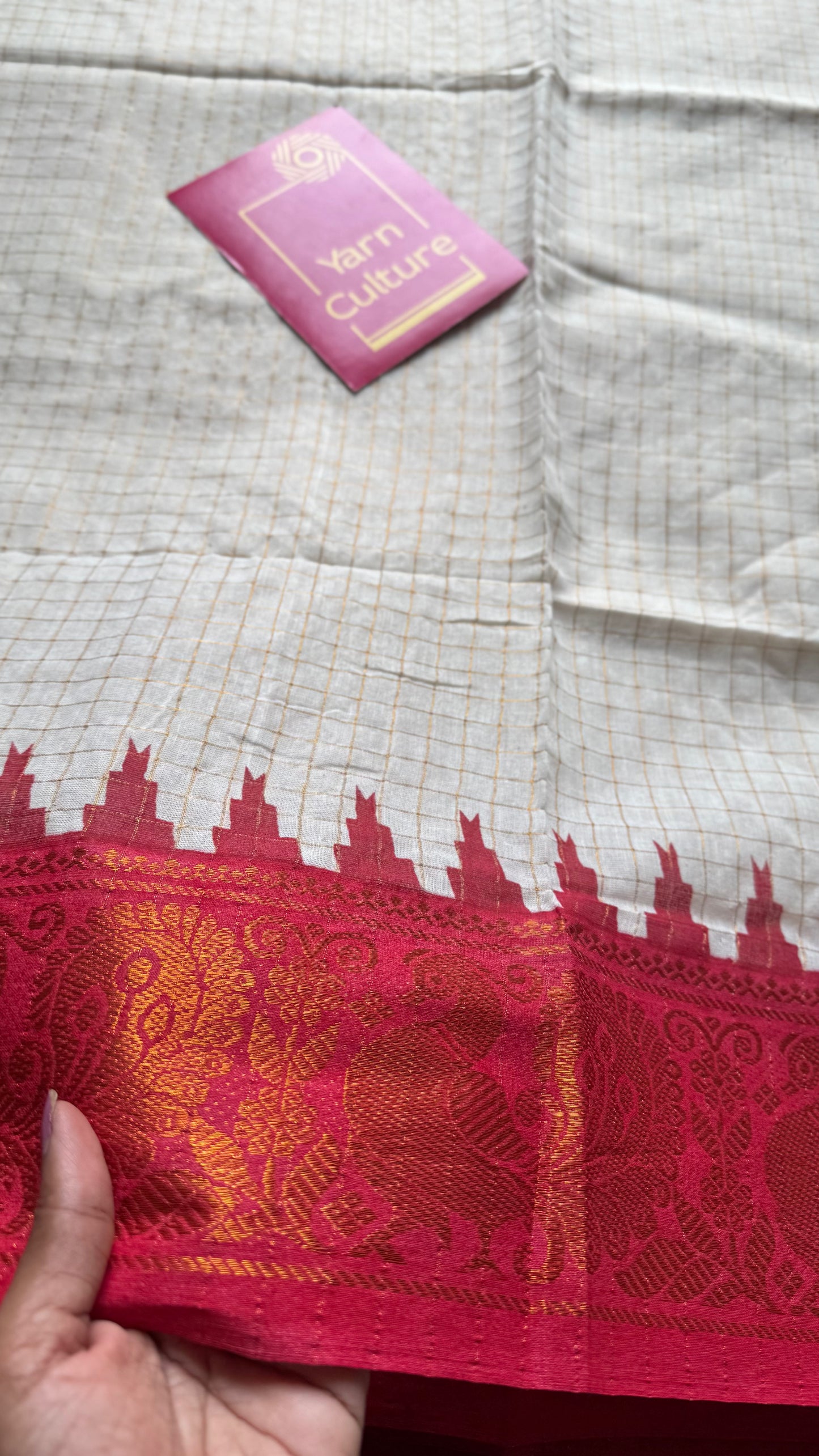 Chinnu: Sungudi cotton checks, ivory gold base, turquoise and red dual tone border, soft cotton - YCONCOTN215