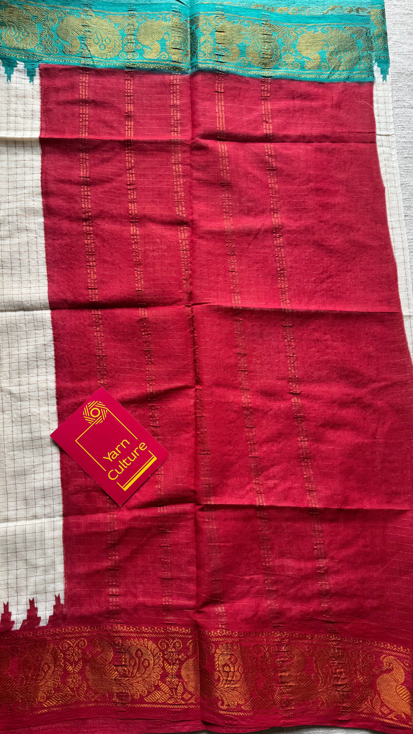 Chinnu: Sungudi cotton checks, ivory gold base, turquoise and red dual tone border, soft cotton - YCONCOTN215
