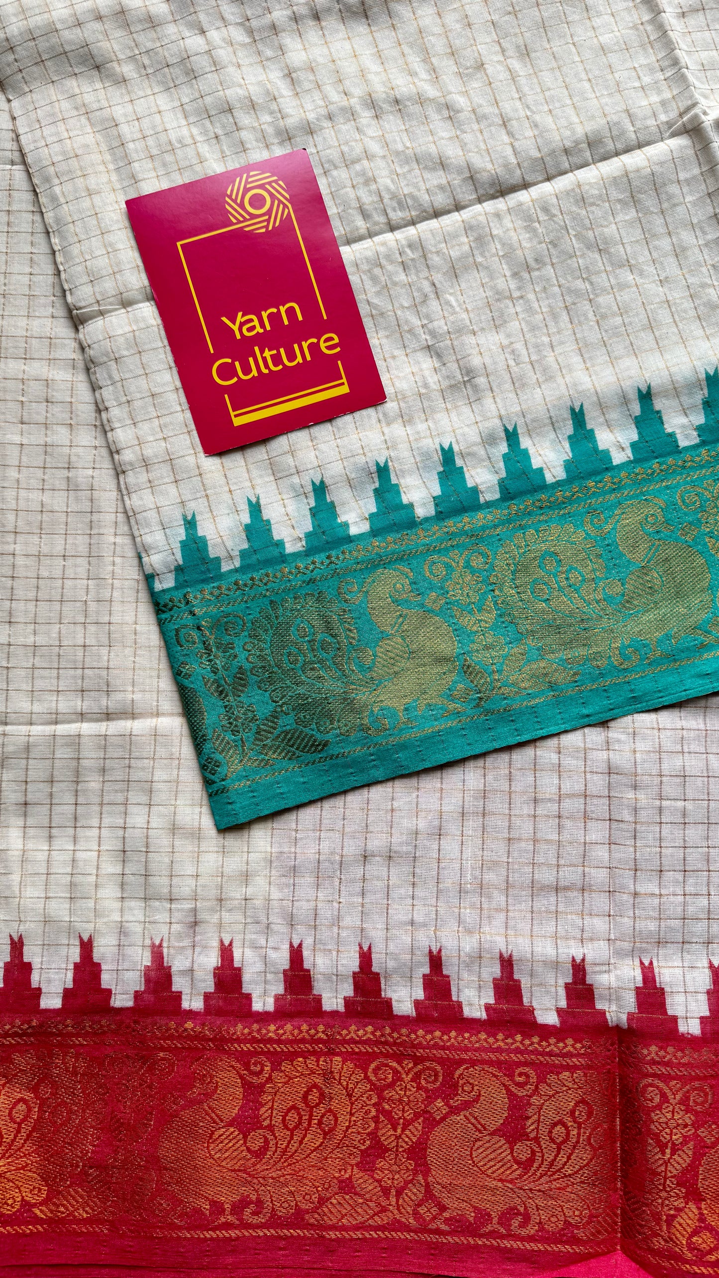 Chinnu: Sungudi cotton checks, ivory gold base, turquoise and red dual tone border, soft cotton - YCONCOTN215