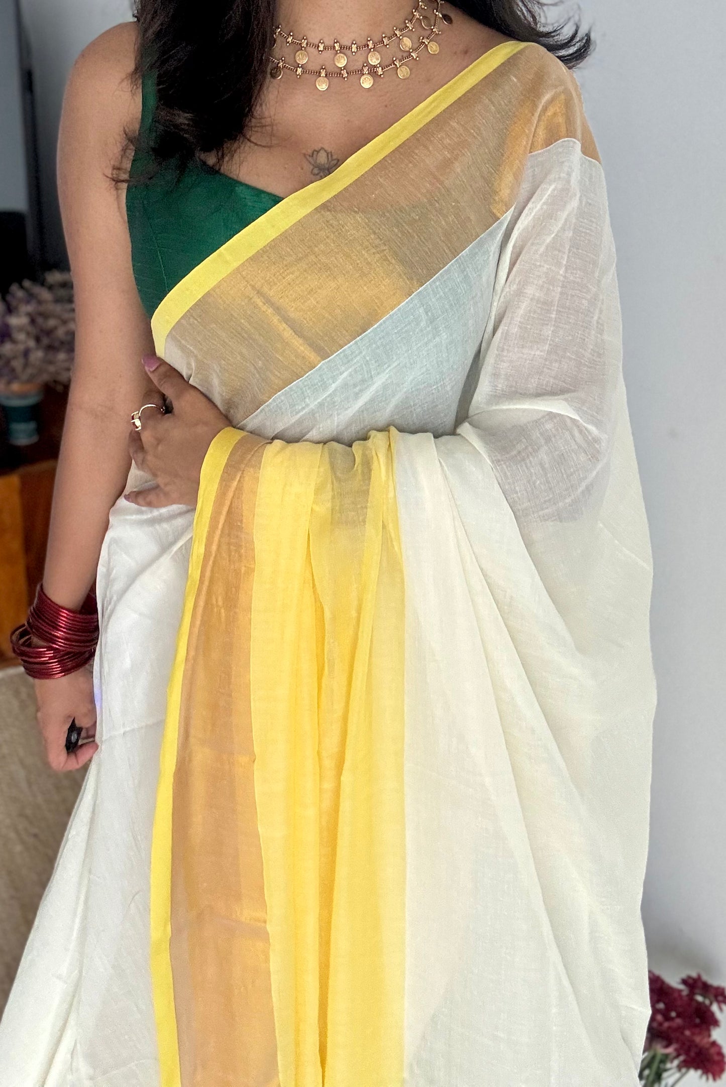 Ivory with dyed yellow and antique gold zari border, mul cotton - YCON25BCM42