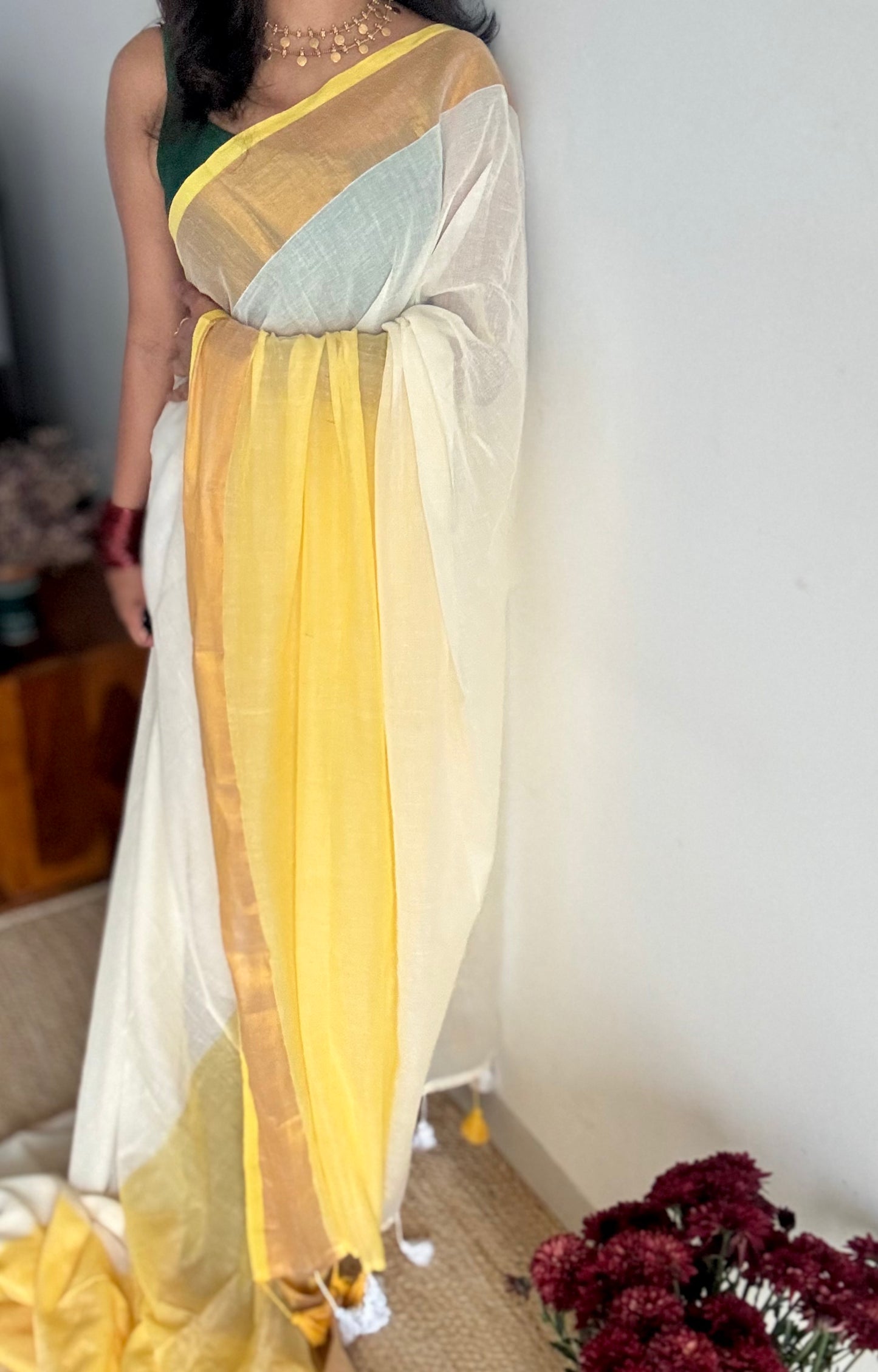 Ivory with dyed yellow and antique gold zari border, mul cotton - YCON25BCM42