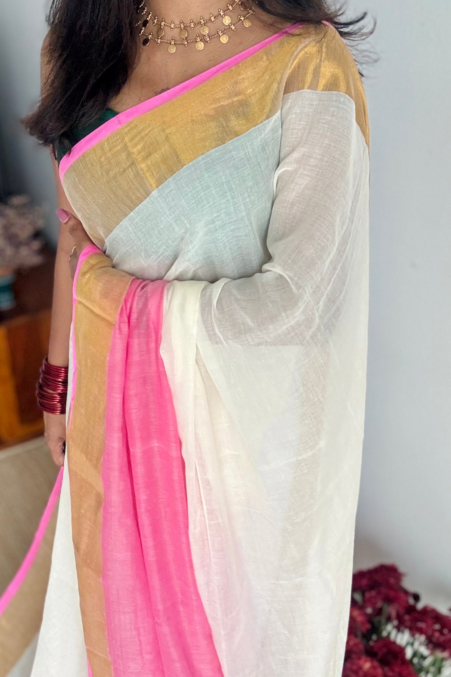Ivory with dyed pink and antique gold zari border, mul cotton - YCON25BCM25