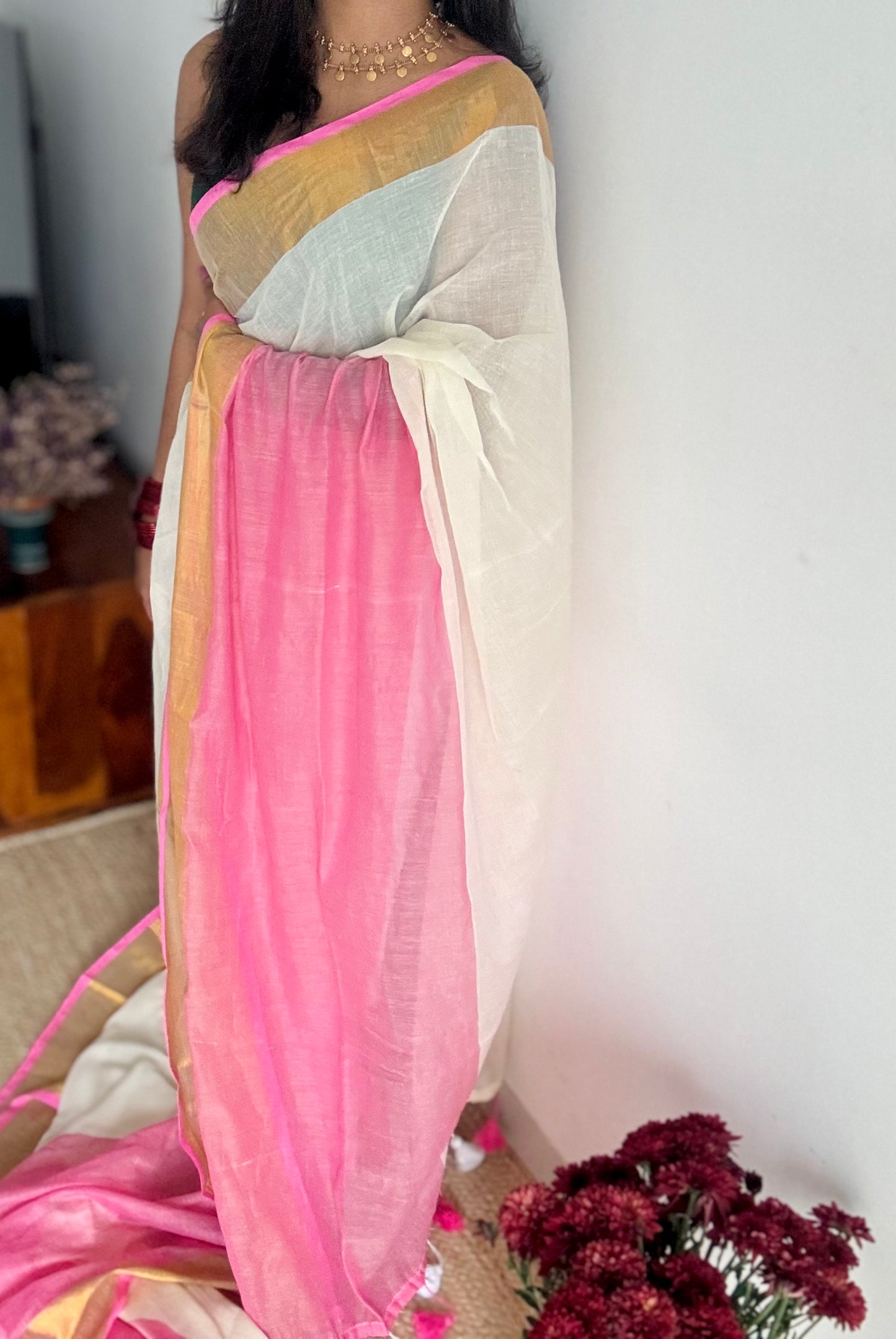 Ivory with dyed pink and antique gold zari border, mul cotton - YCON25BCM25