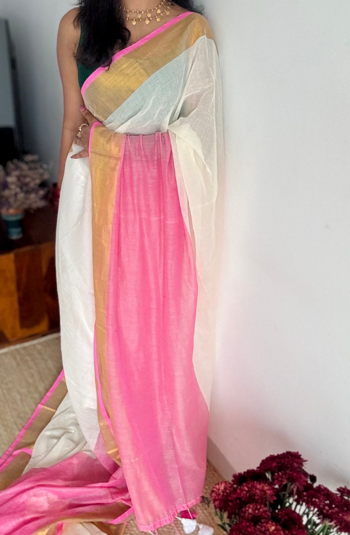 Ivory with dyed pink and antique gold zari border, mul cotton - YCON25BCM25