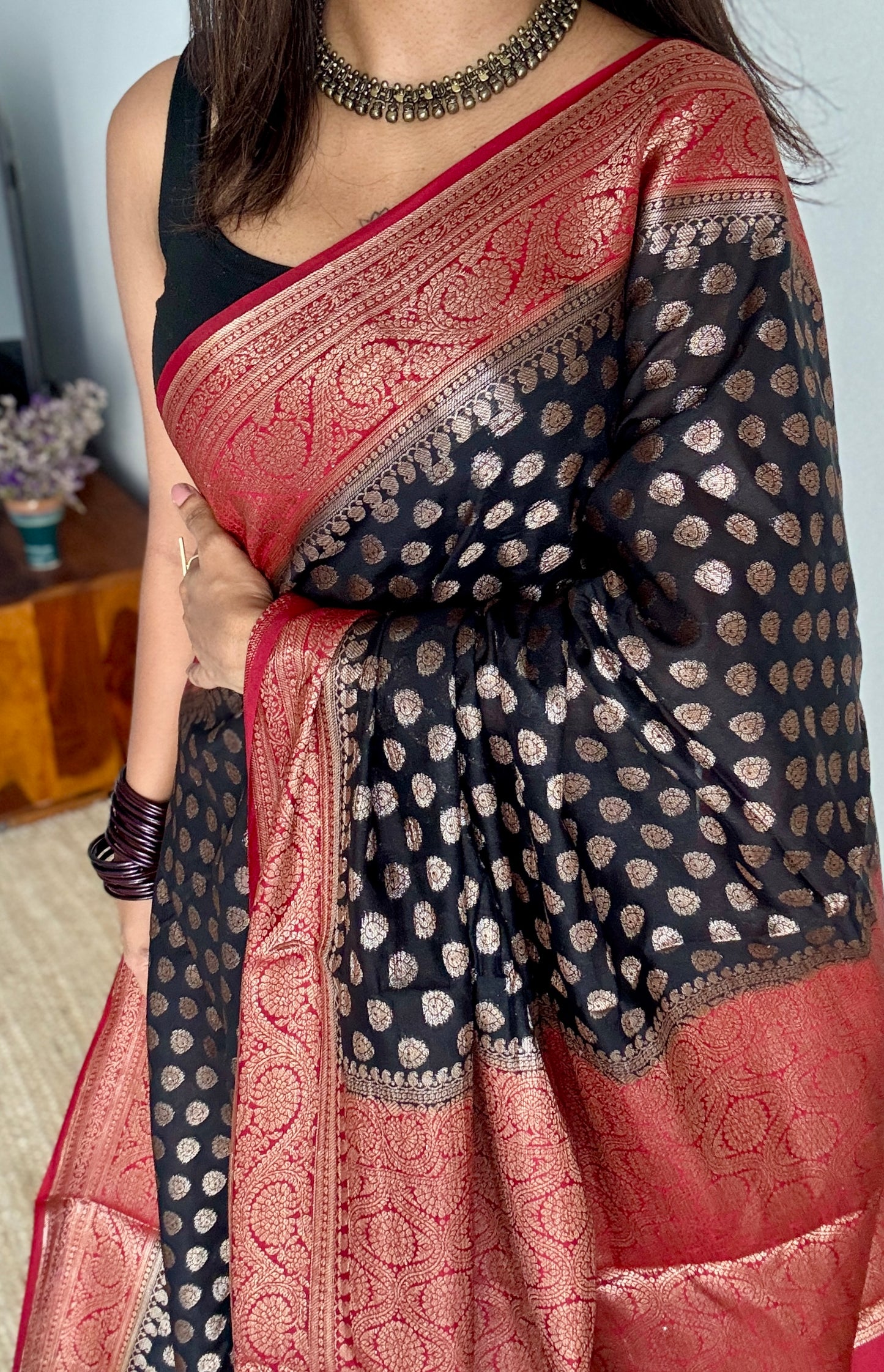 Kohl & Kumkum - Black antique gold with contrast maroon border & pallu, Banarasi semi georgette