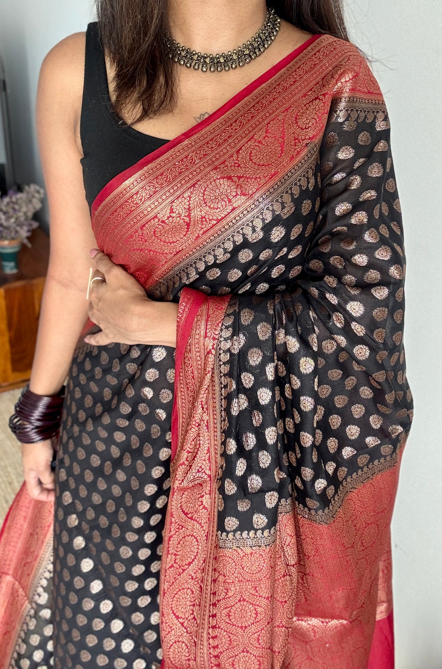 Kohl & Kumkum - Black antique gold with contrast maroon border & pallu, Banarasi semi georgette