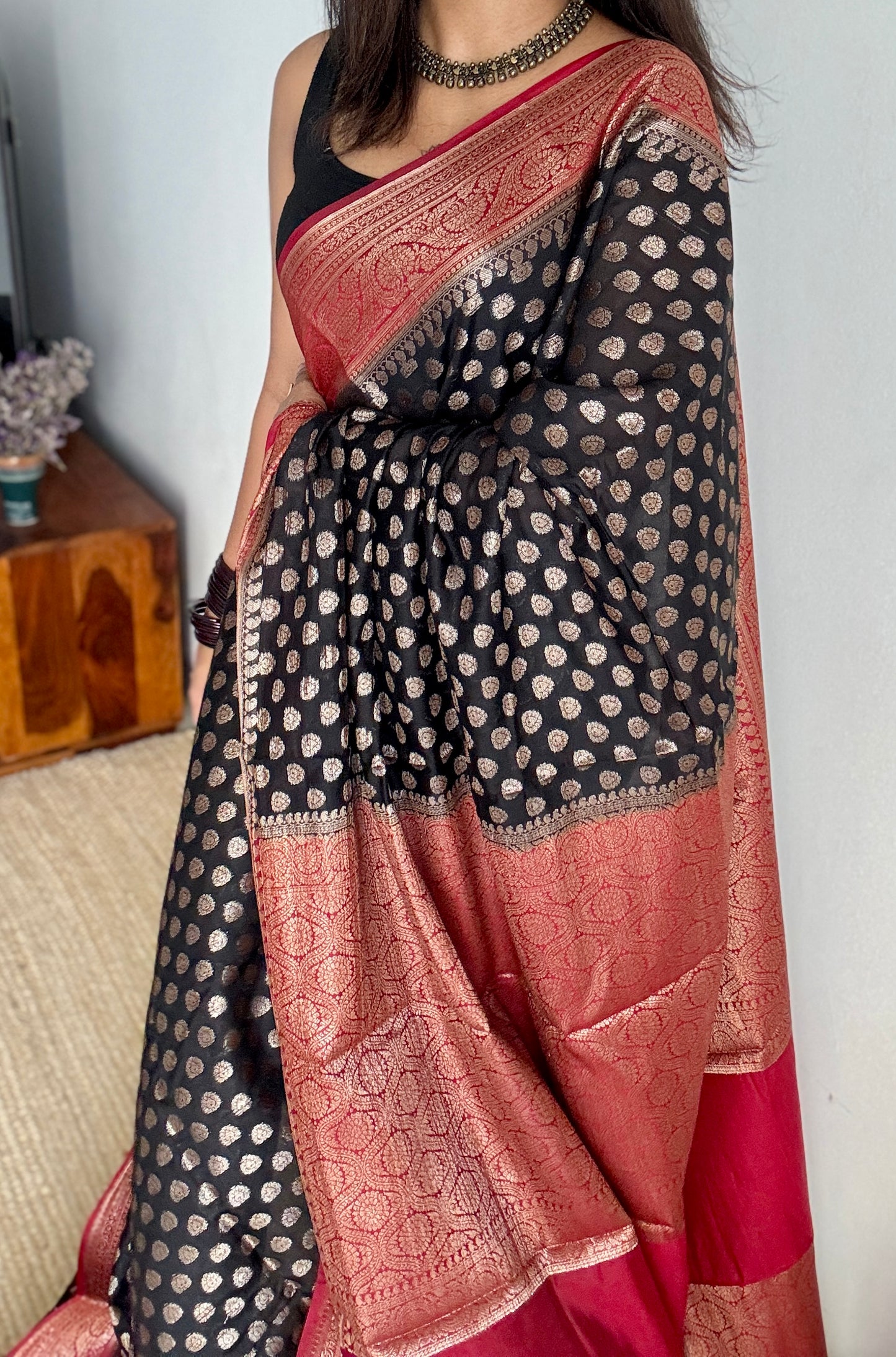 Kohl & Kumkum - Black antique gold with contrast maroon border & pallu, Banarasi semi georgette