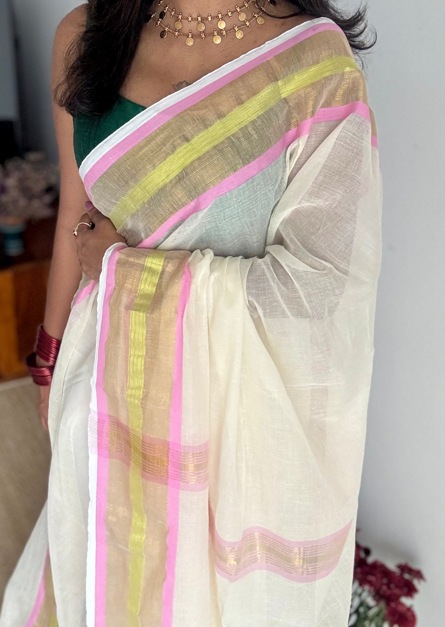 Ivory with pink and bright gold zari border, mul cotton - YCON25BCM51